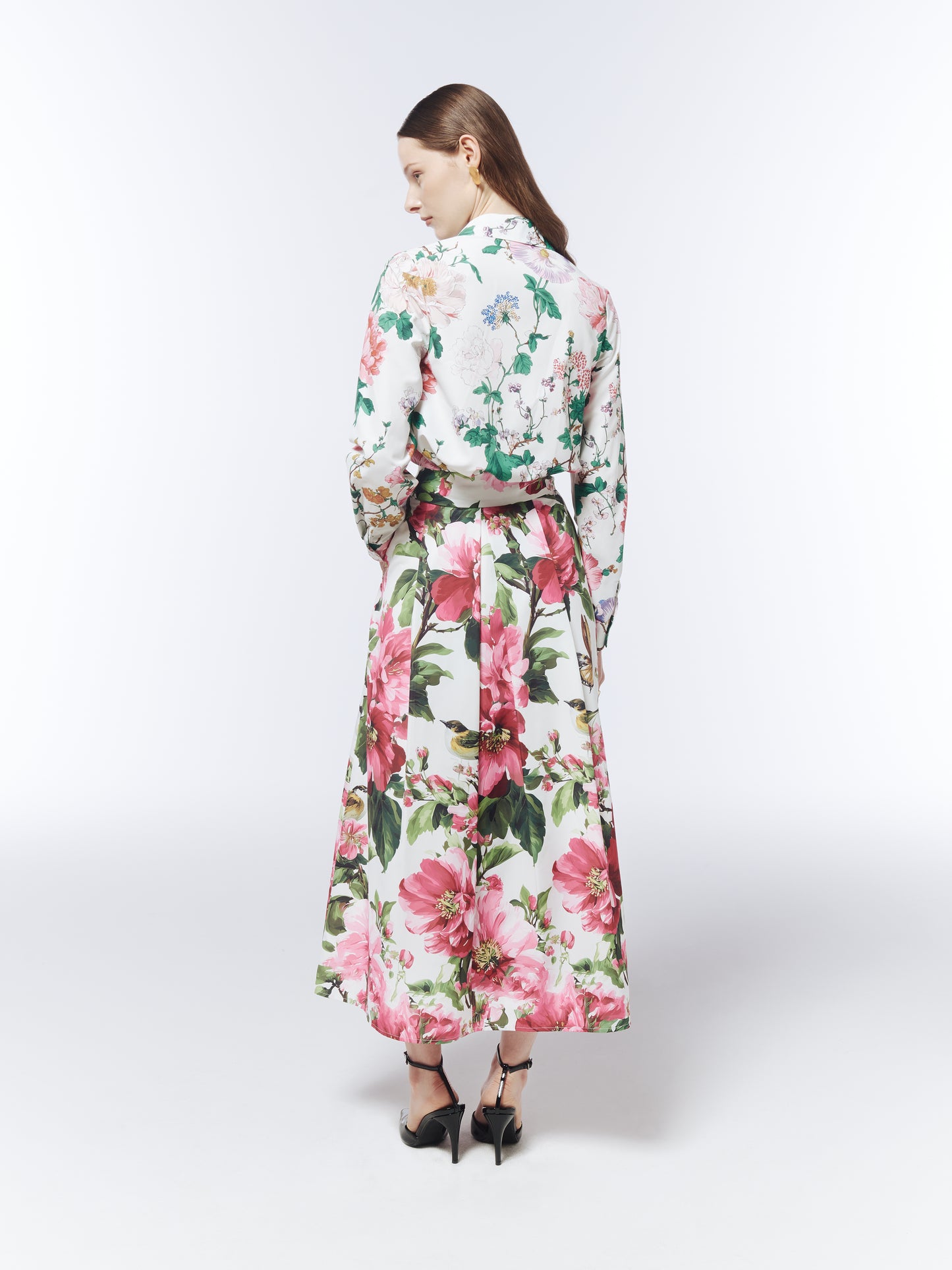 SOUR FIGS long-sleeve floral shirt styled with a coordinating printed midi skirt