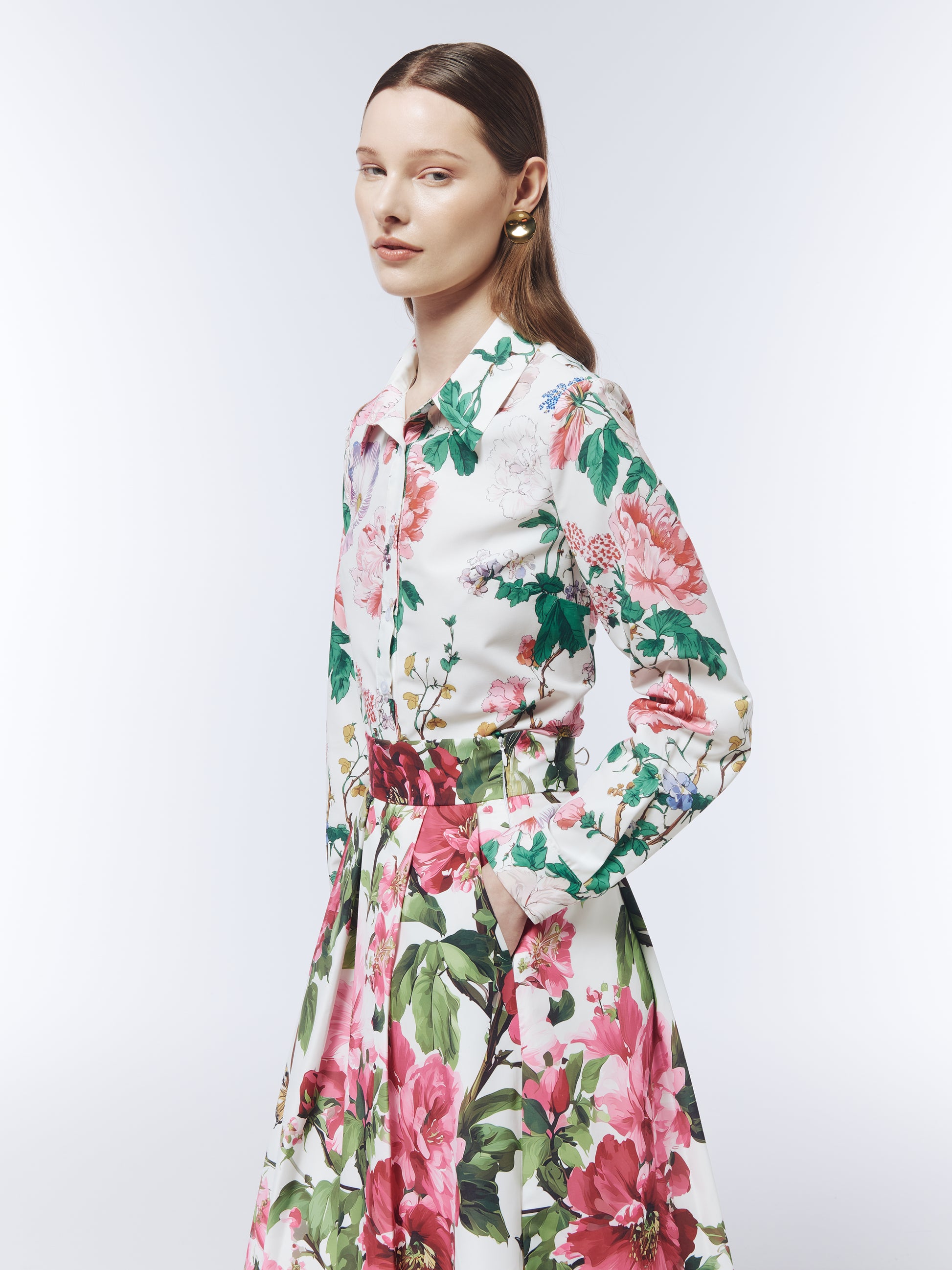SOUR FIGS Botanical Wildflower Button-Front Shirt in Porcelain White with pink and lilac flowers