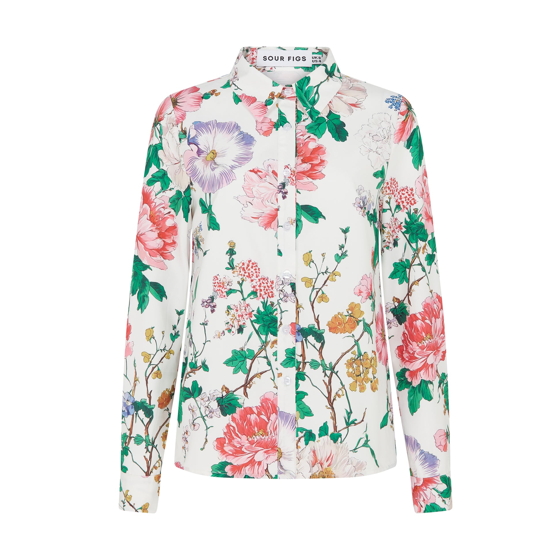 SOUR FIGS statement floral shirt with button fastening, wide cuffs and curved hem