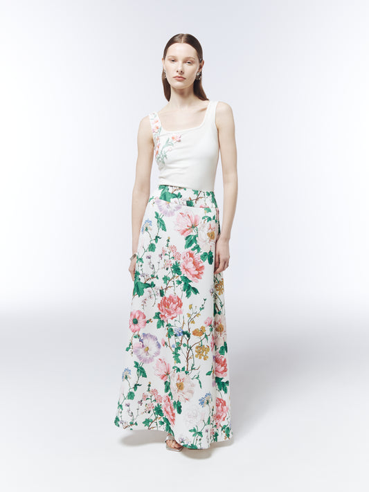 SOUR FIGS botanical wildflower high-waisted maxi skirt in porcelain white with pink and green floral print