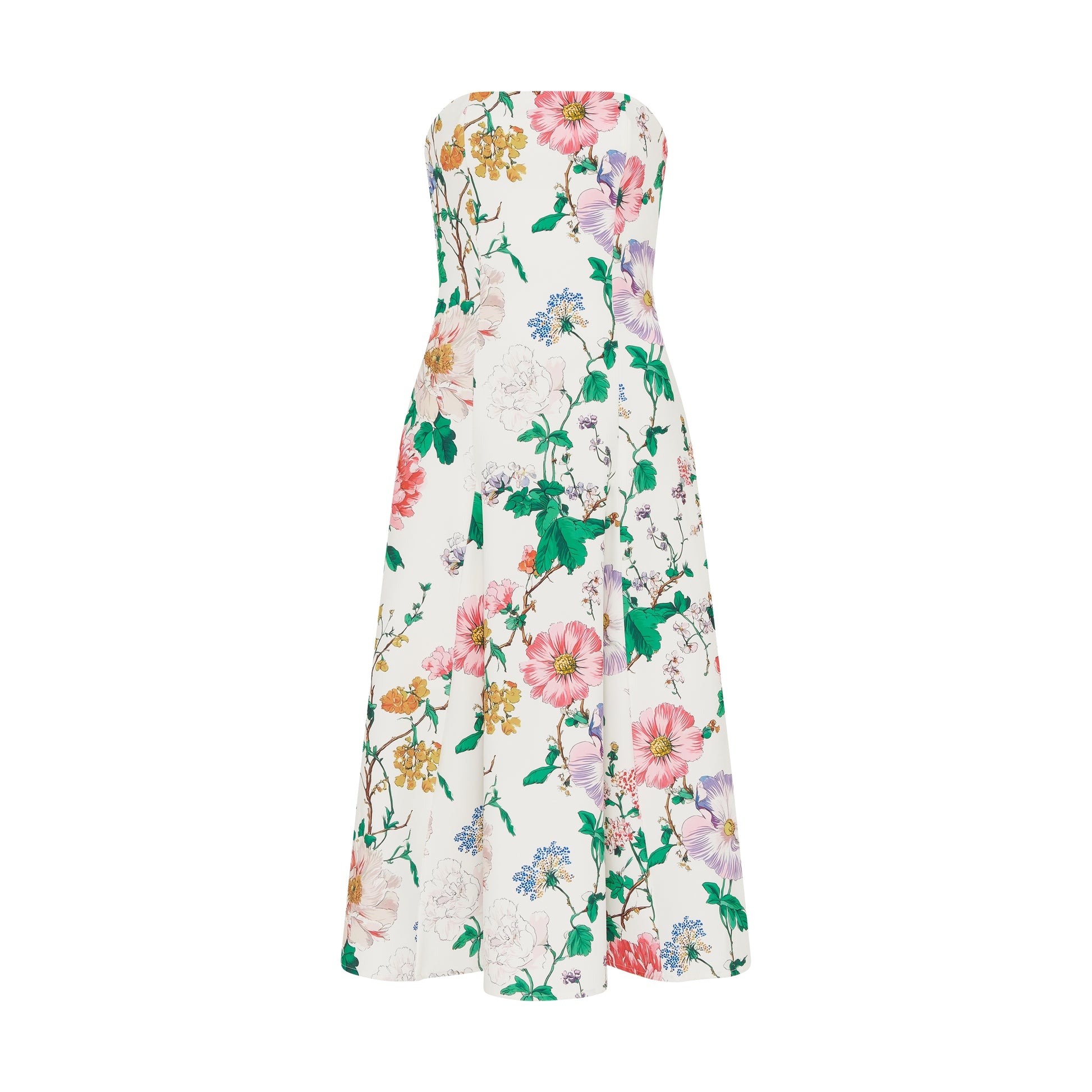 SOUR FIGS multicoloured floral midi dress with a structured strapless bodice and full skirt