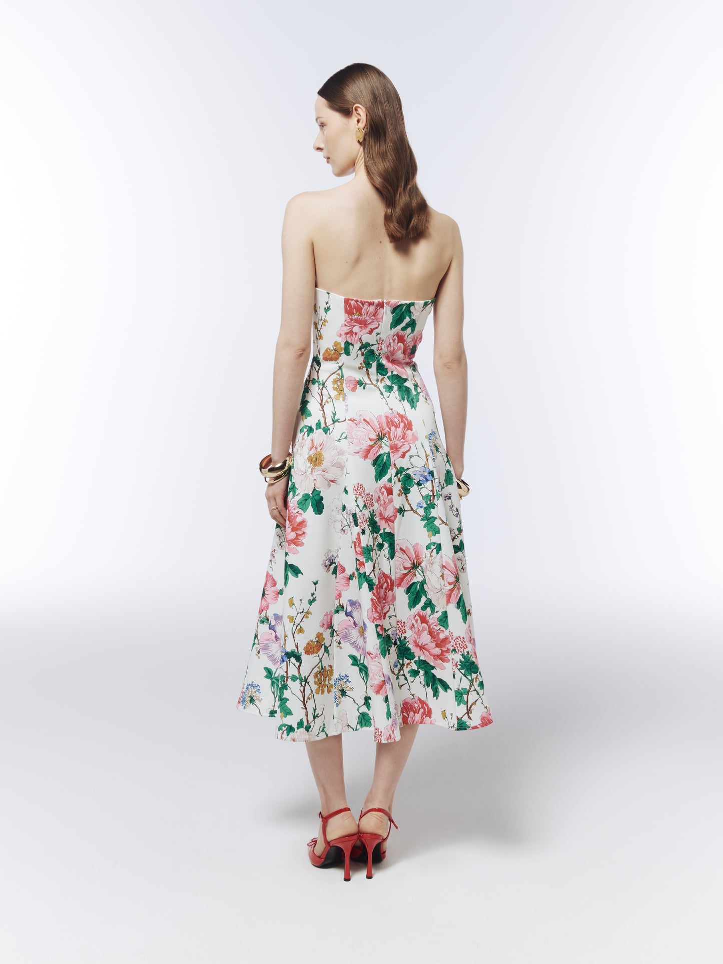 SOUR FIGS strapless A-line midi dress featuring a painterly wildflower print