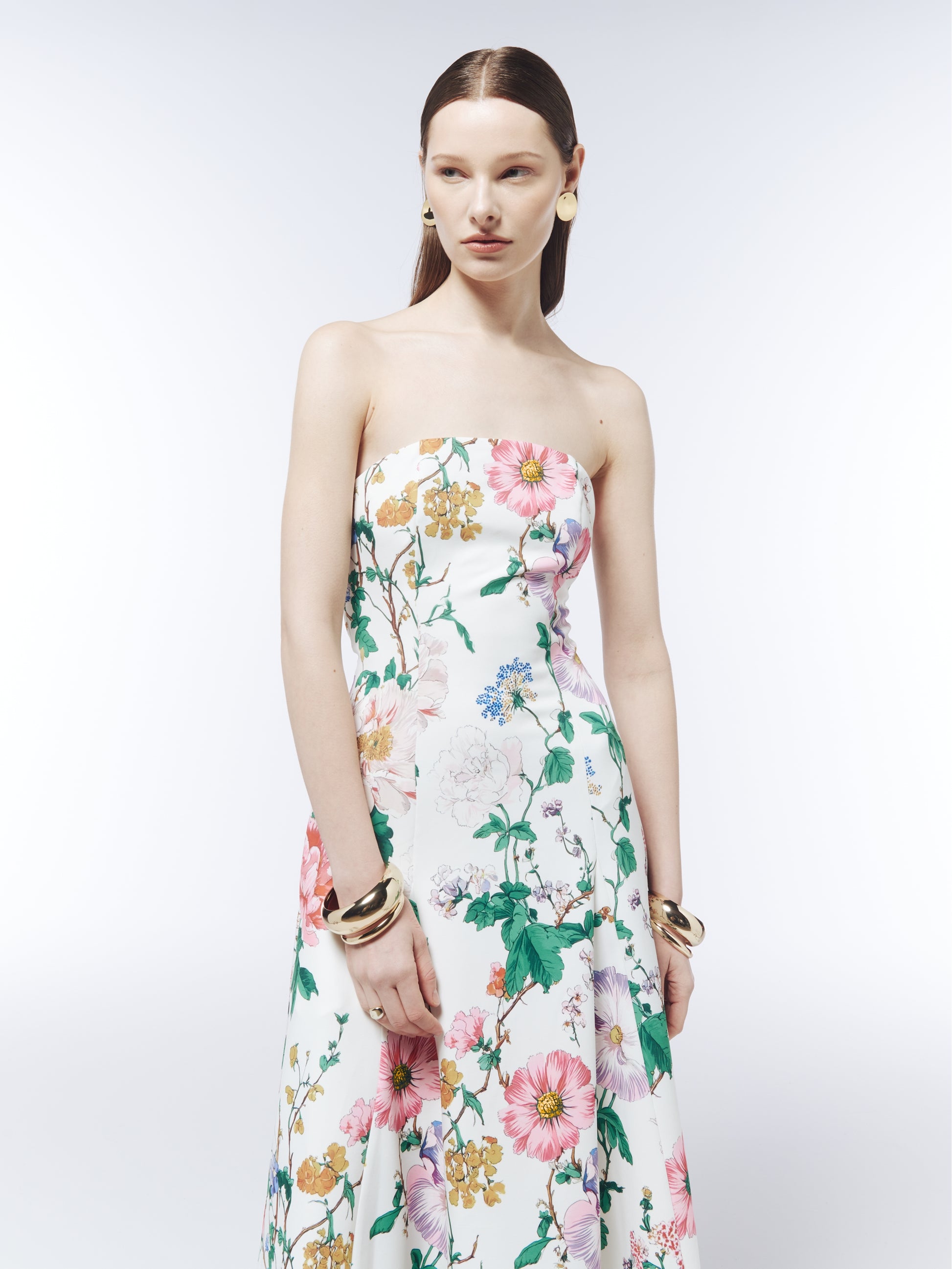 SOUR FIGS Botanical Wildflower Strapless Midi Dress in Porcelain White with multicoloured floral print