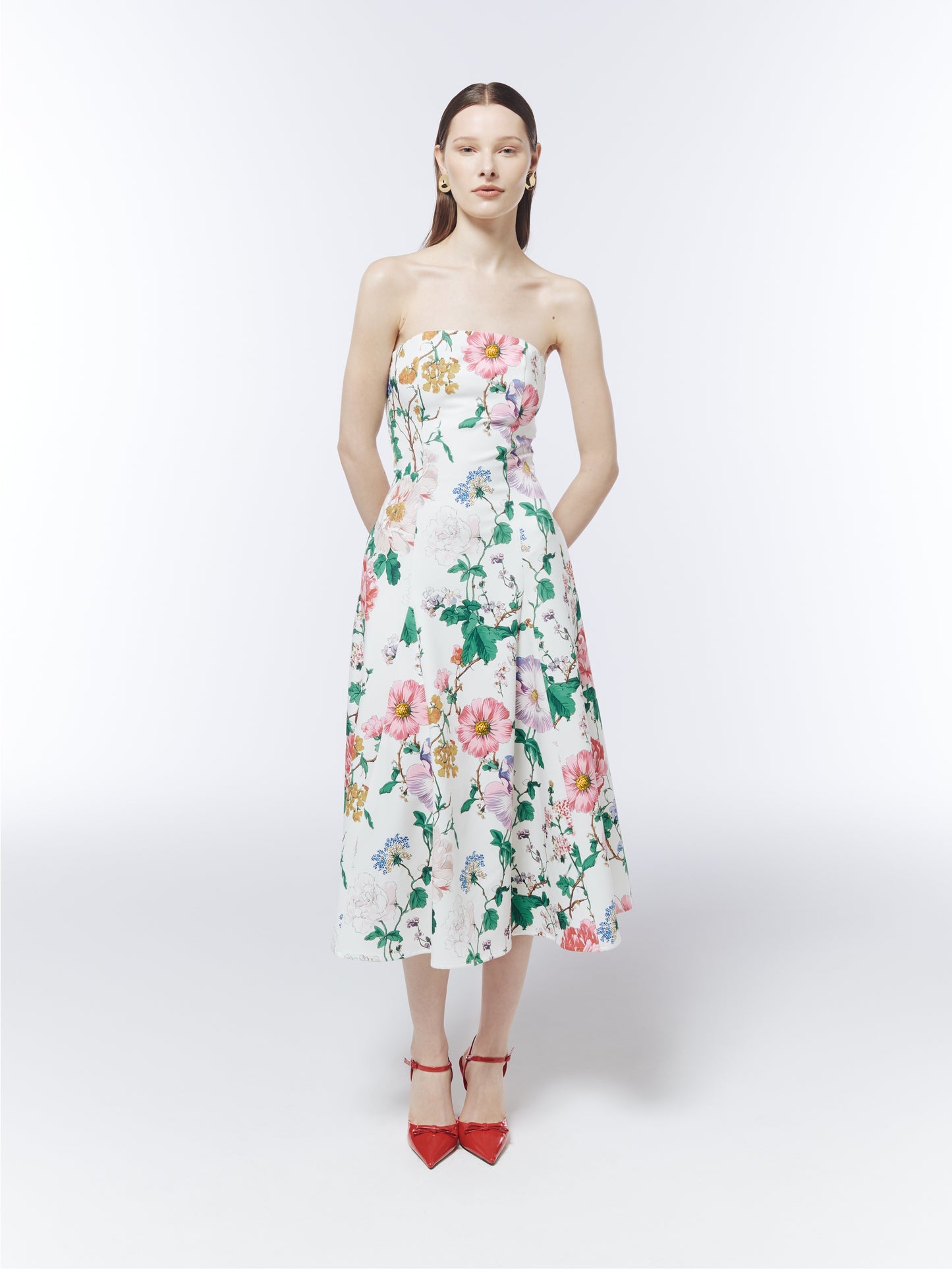 SOUR FIGS porcelain-white strapless midi dress with pink, lilac and blue botanical flowers