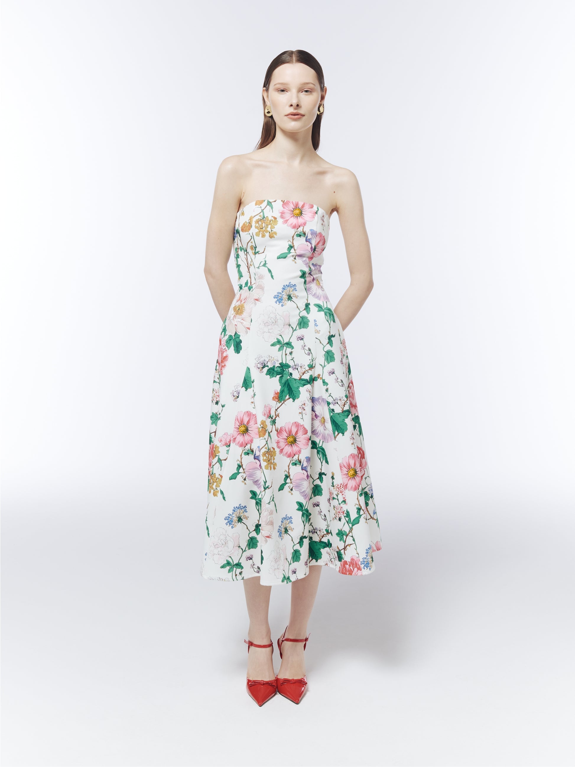 SOUR FIGS porcelain-white strapless midi dress with pink, lilac and blue botanical flowers