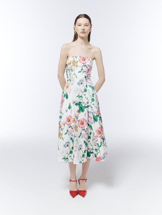 SOUR FIGS porcelain-white strapless midi dress with pink, lilac and blue botanical flowers