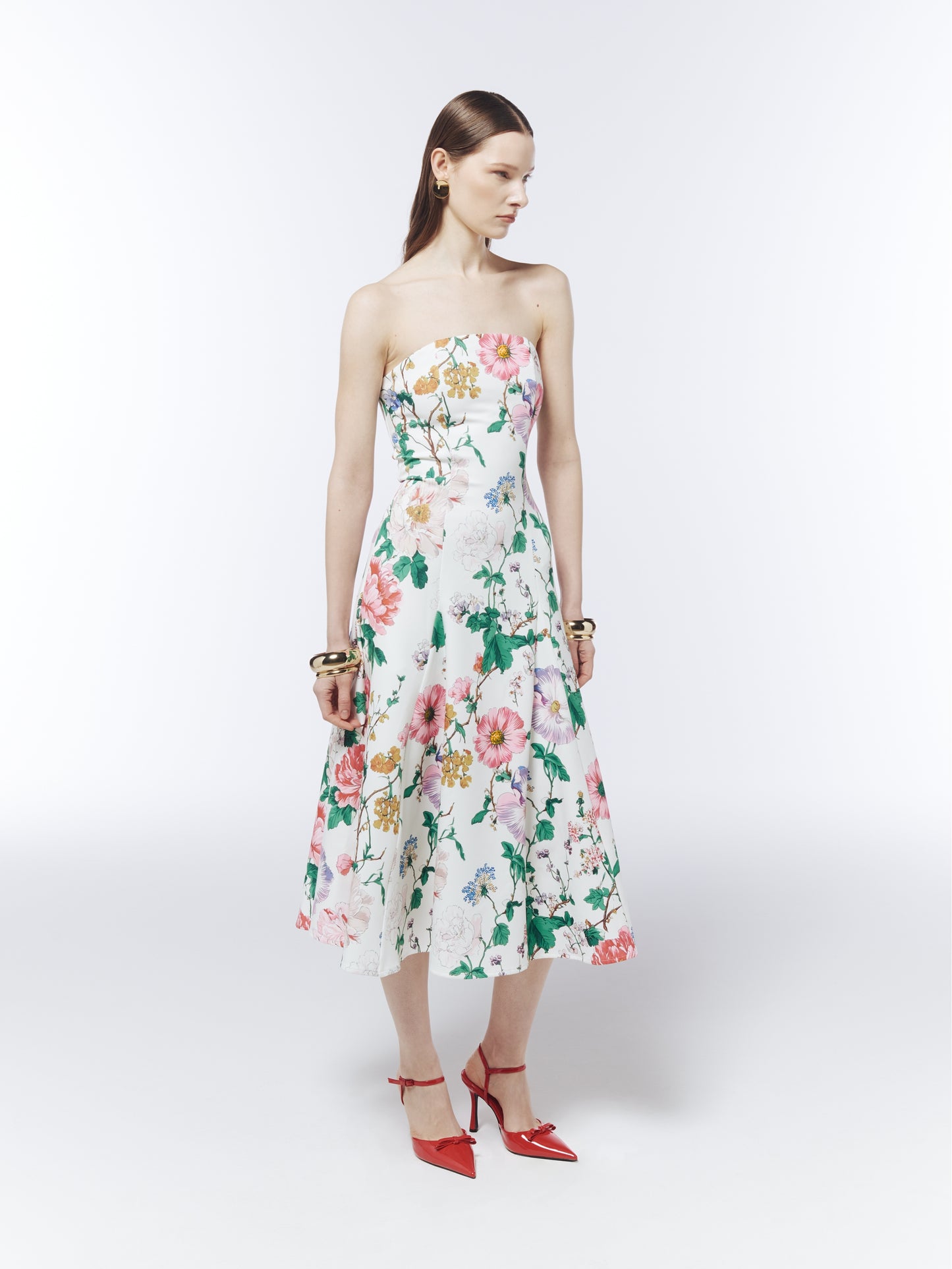 SOUR FIGS floral occasion dress with fitted bodice, straight neckline and flared midi skirt
