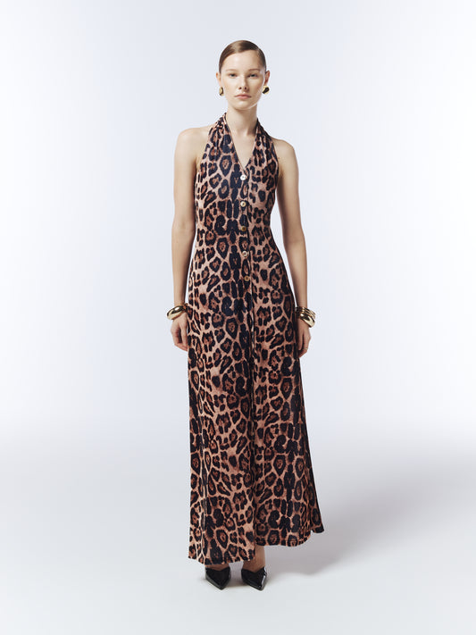 SOUR FIGS leopard velvet halterneck maxi dress in warm caramel brown with button front detail