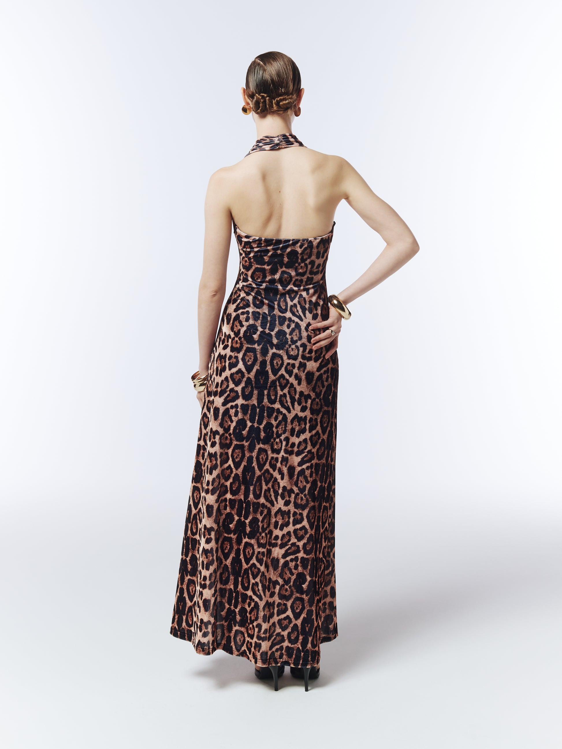 SOUR FIGS button-front leopard velvet maxi dress showcasing halterneck silhouette