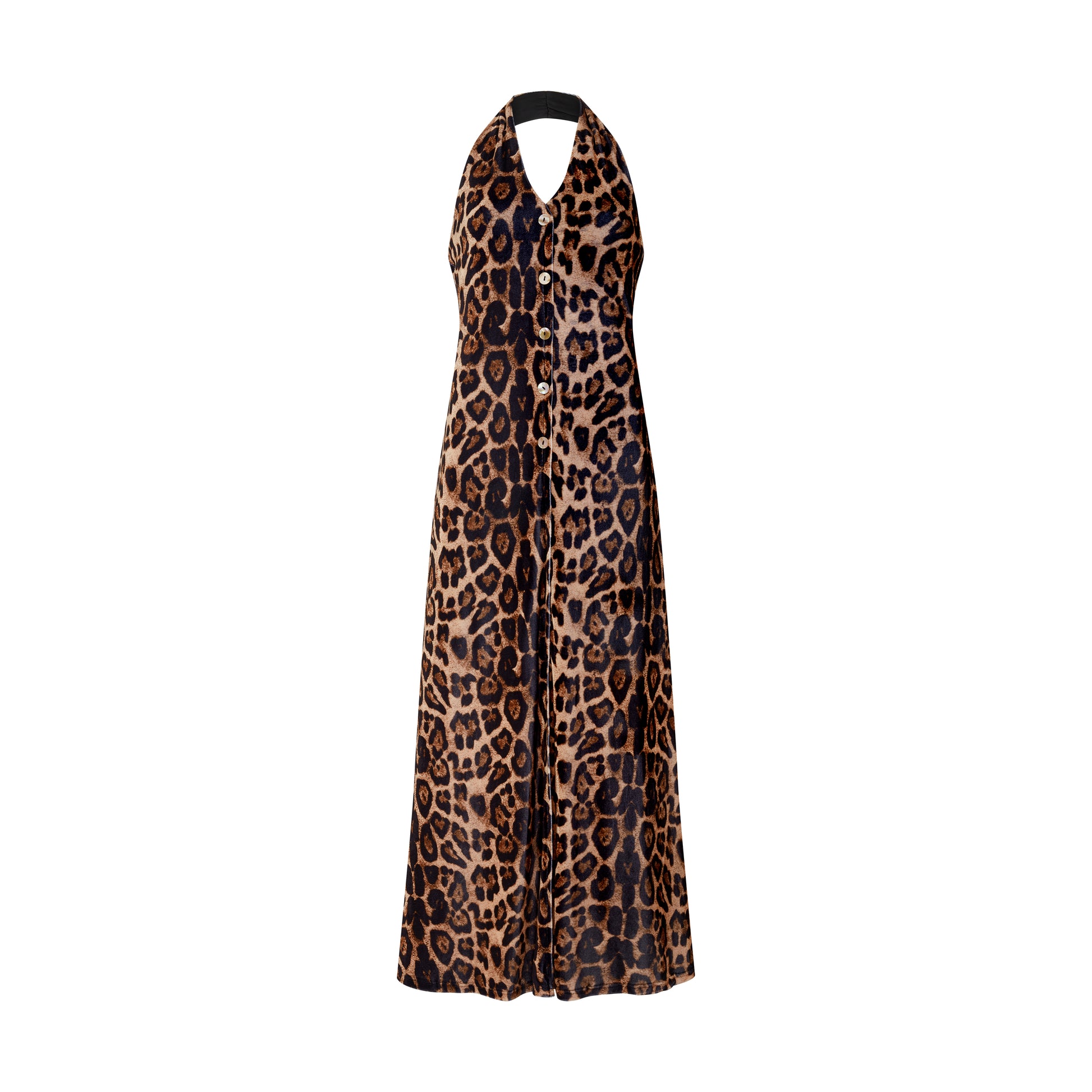 Button-Front Halterneck Leopard Velvet Maxi Dress in Warm Caramel Brow SOUR FIGS Button-Front Halterneck Leopard Velvet Maxi Dress in Warm Caramel Brow SOUR FIGS