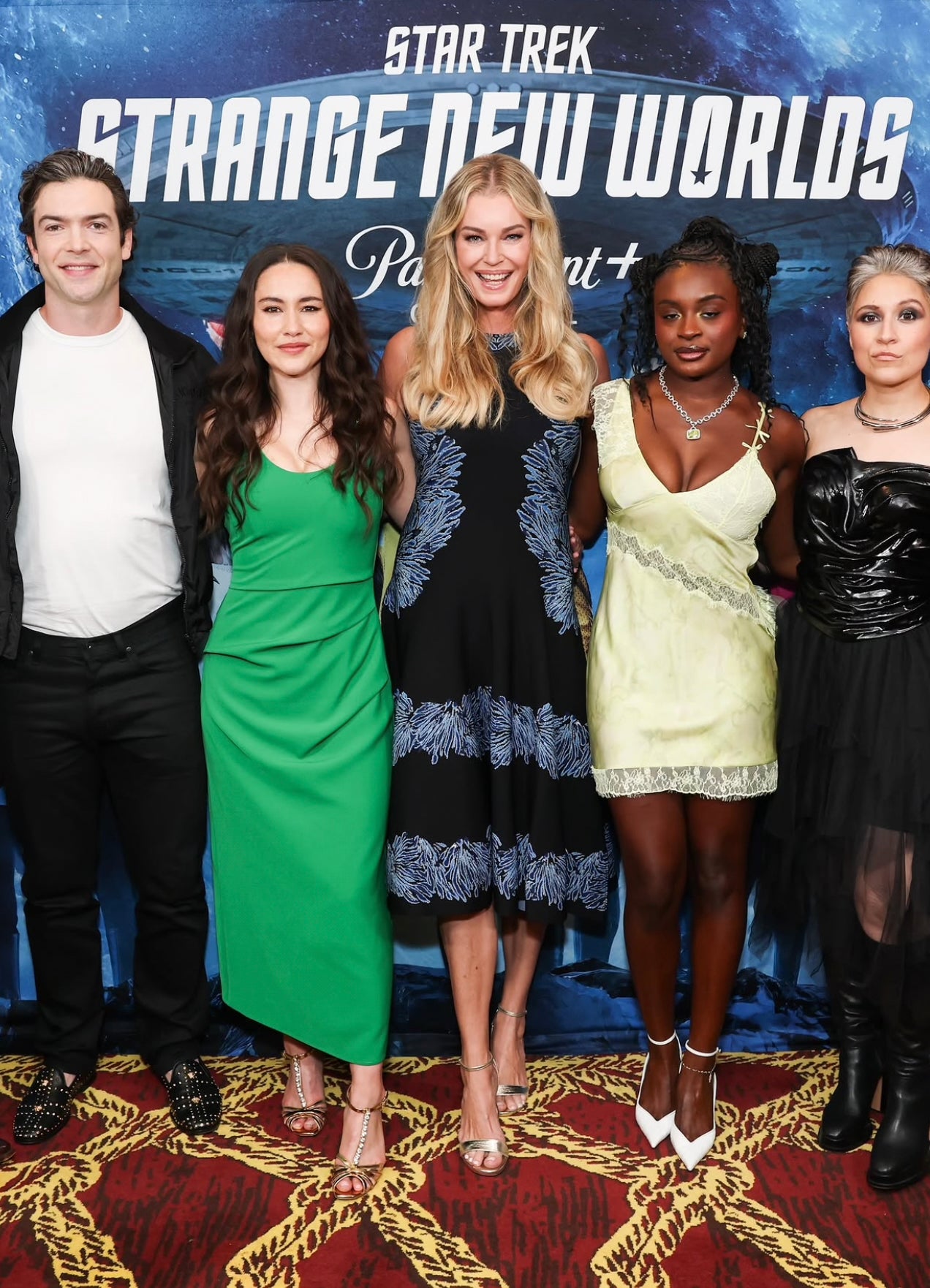 Actress Christina Chong wearing the Draped Chain-Strap Midi Dress in Emerald Green at the paramount plus event for Star Trek: Strange New Worlds