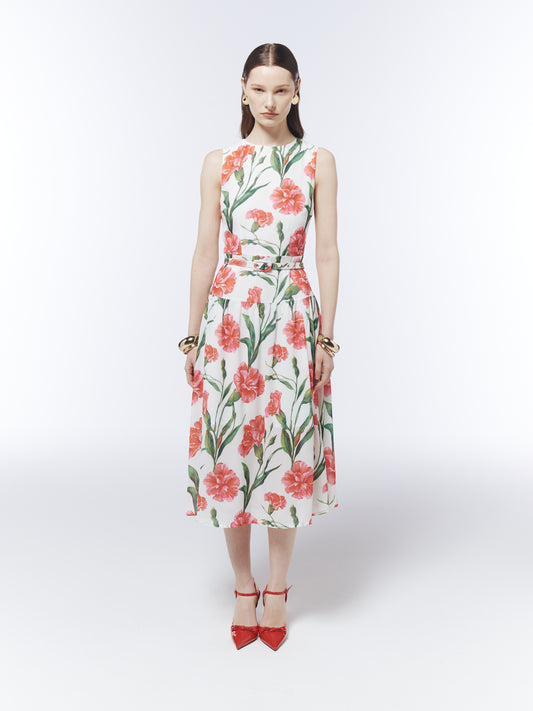 Front view of the SOUR FIGS sleeveless floral midi dress with round neckline and coordinating buckle belt.