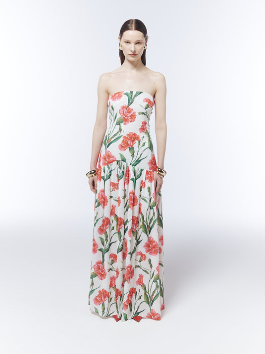 SOUR FIGS porcelain white floral maxi dress with coral carnation print and bandeau neckline