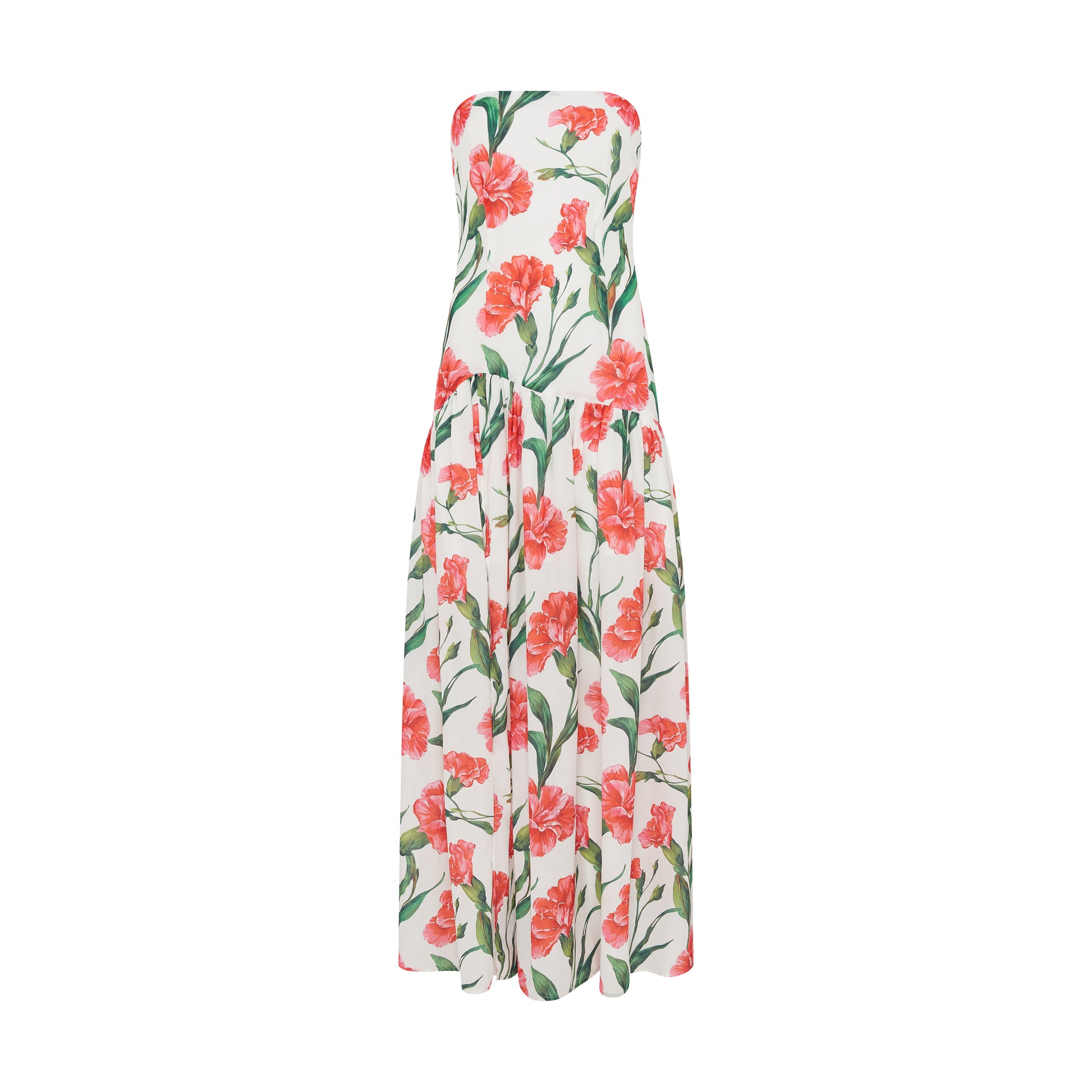 SOUR FIGS strapless floral evening dress in Porcelain White with red flowers and green foliage