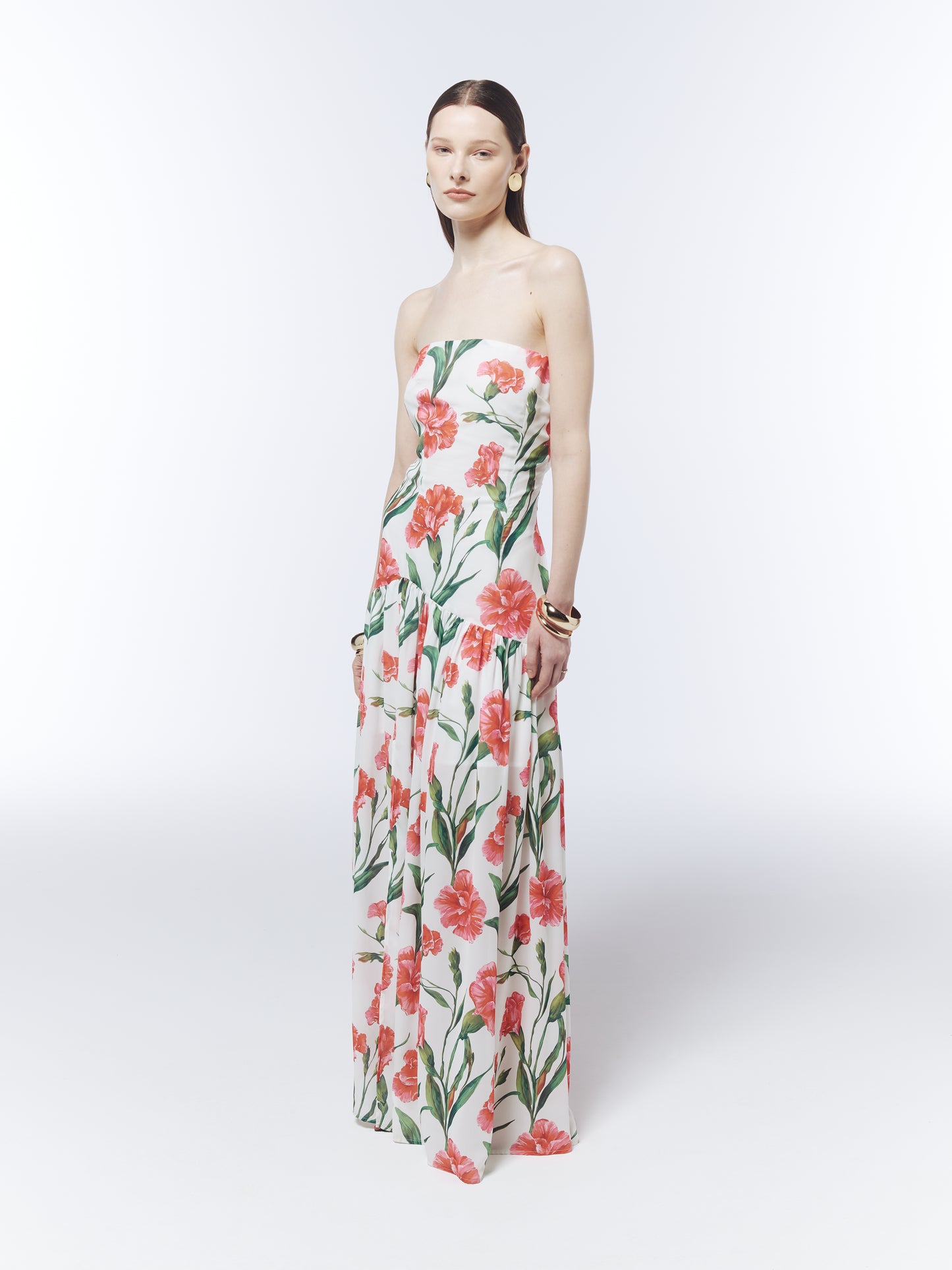 SOUR FIGS strapless wedding guest dress with fitted bodice and asymmetric drop waist