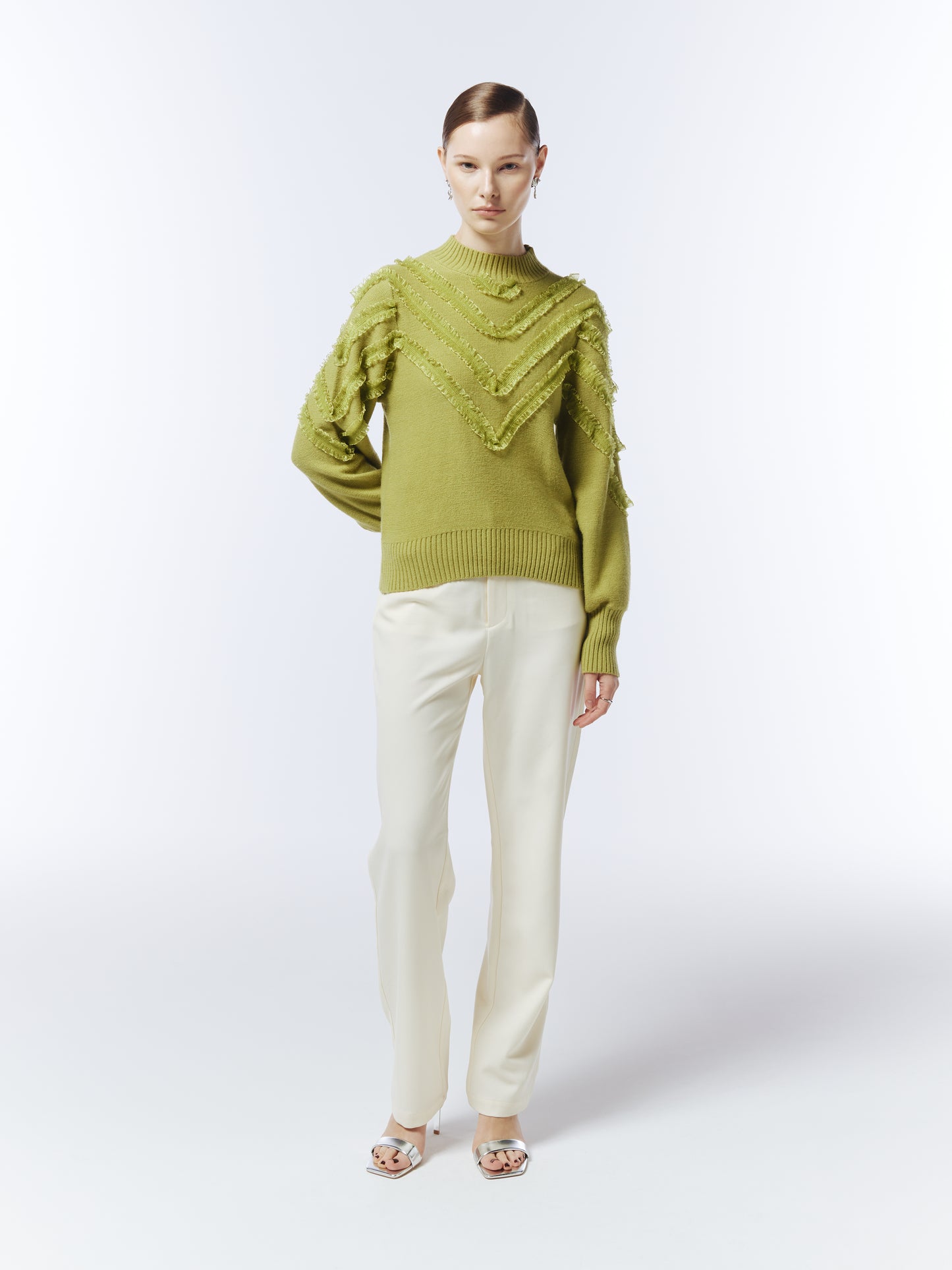 Sour Figs chartreuse green knit jumper styled with ivory trousers