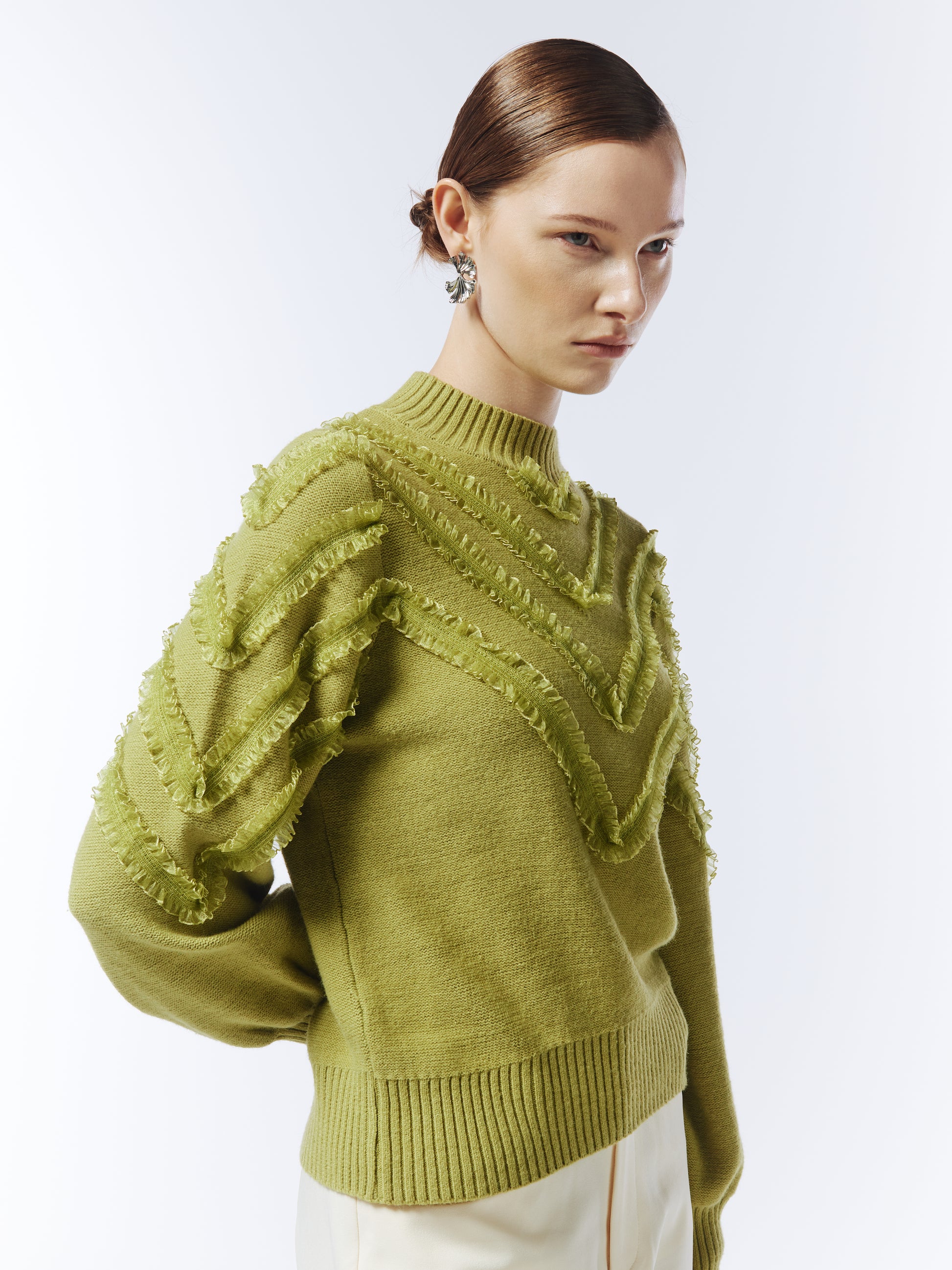Sour Figs textured knit jumper with chevron ruffle detailing in chartreuse green