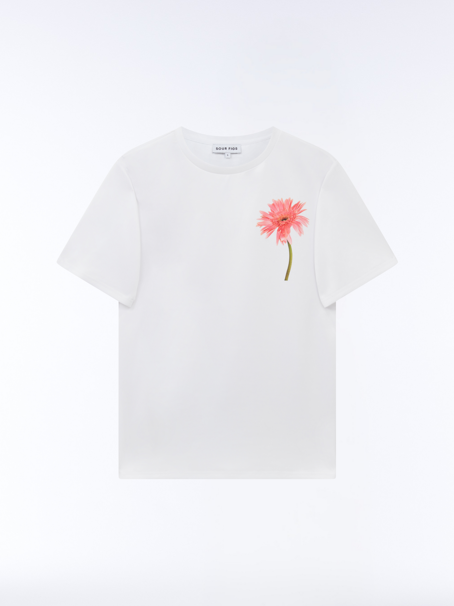 White cotton t-shirt with single gerbera flower graphic on chest by SOUR FIGS