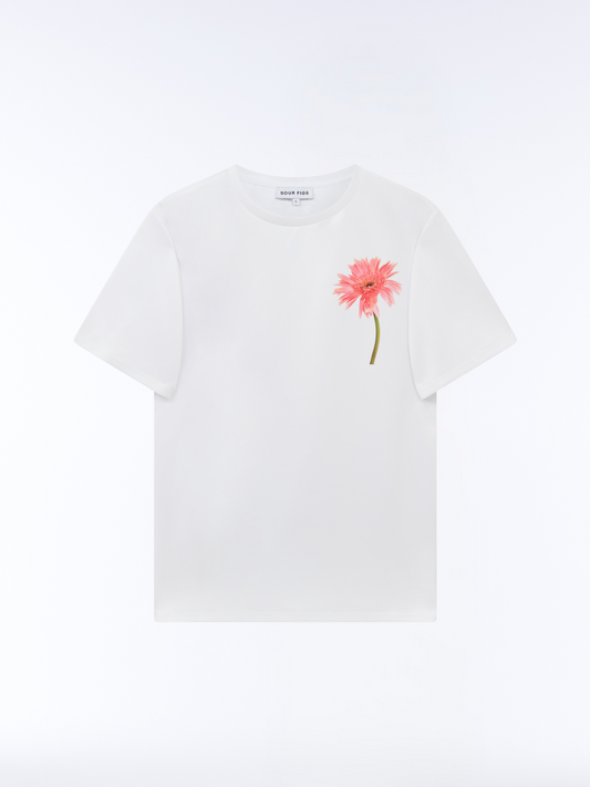 White cotton t-shirt with single gerbera flower graphic on chest by SOUR FIGS
