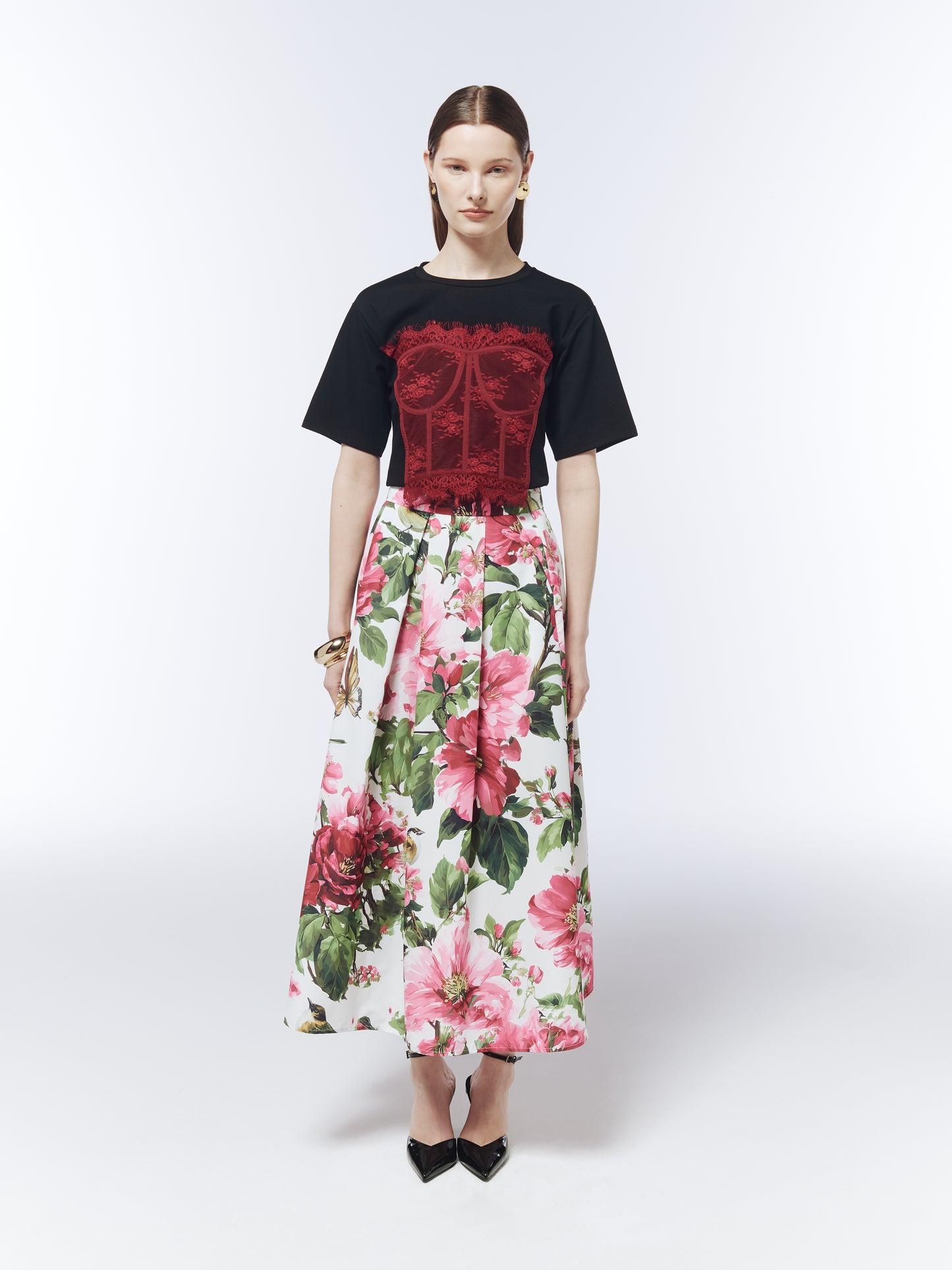 SOUR FIGS lace corset illusion T-shirt in black and crimson red styled with floral midi skirt