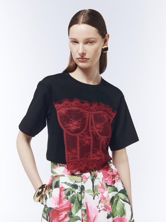 SOUR FIGS black crew neck T-shirt with red lace lingerie illusion appliqué and eyelash trim