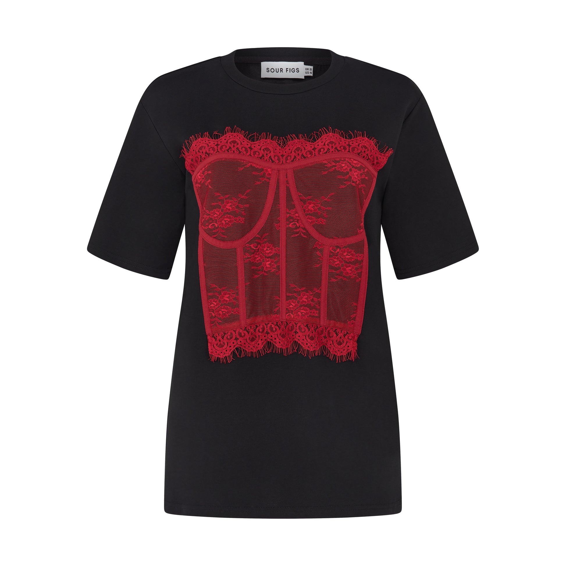 SOUR FIGS designer black T-shirt with red bustier-inspired lace appliqué and short sleeves