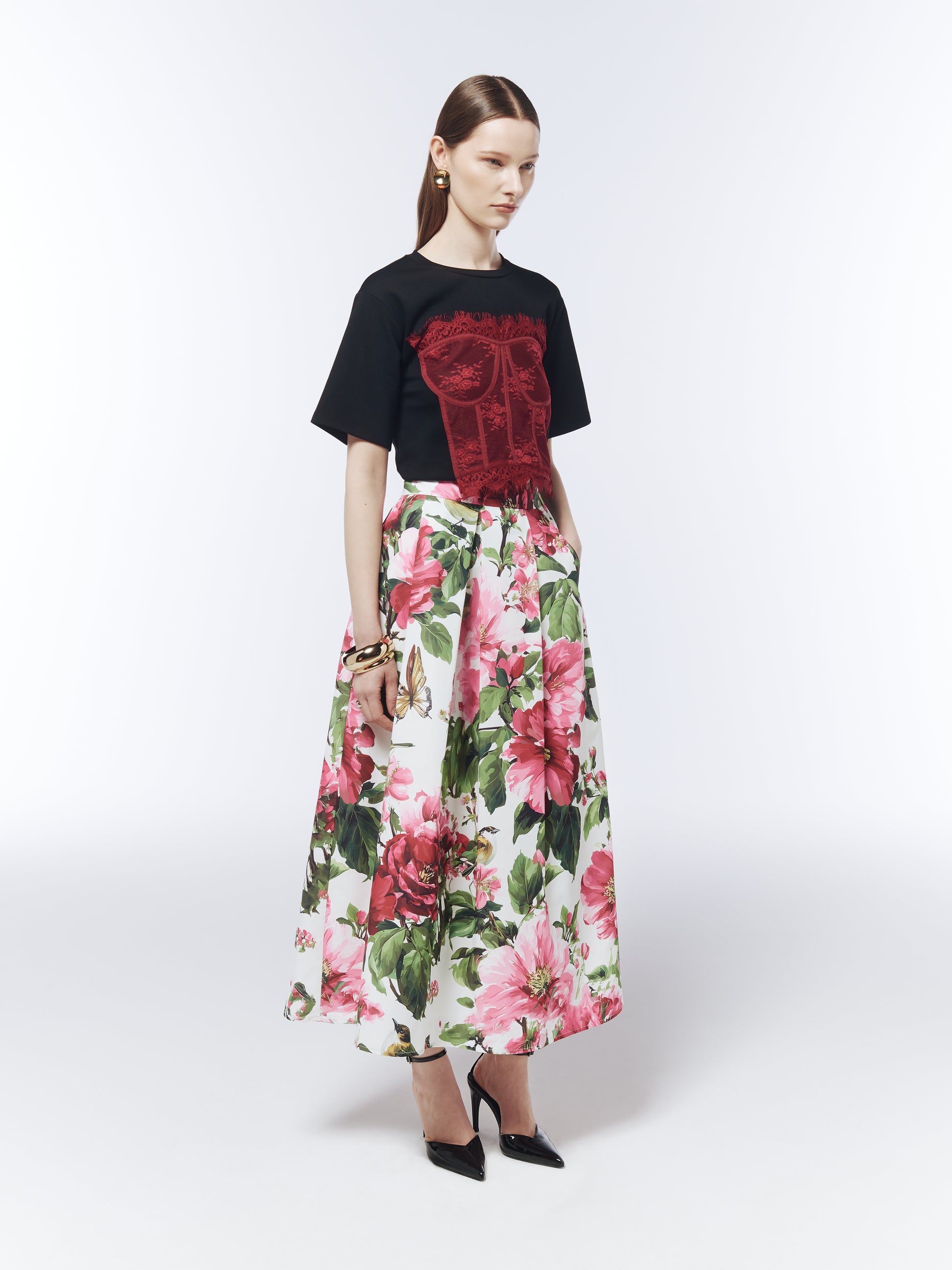 SOUR FIGS statement black T-shirt with crimson lace corset panel for elevated daywear