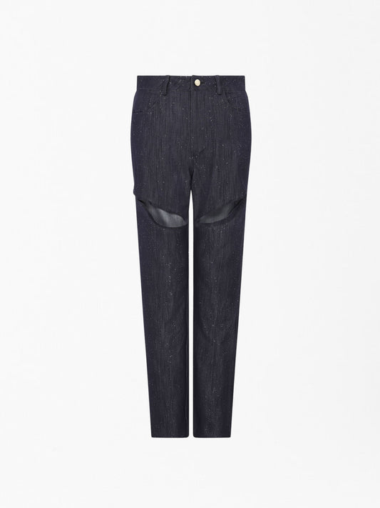 SOUR FIGS Embellished Sparkly Cut-Out Jeans in Profound Blue
