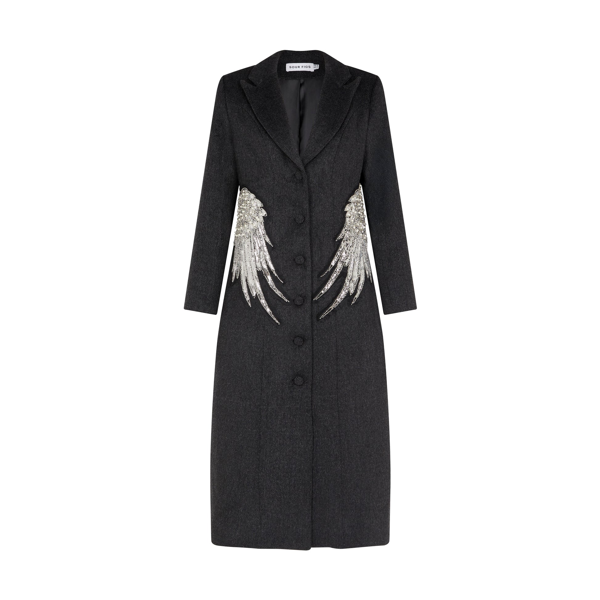 SOUR FIGS Embellished Wing Detail Single-Breasted Wool Blend Coat in Charcoal Grey