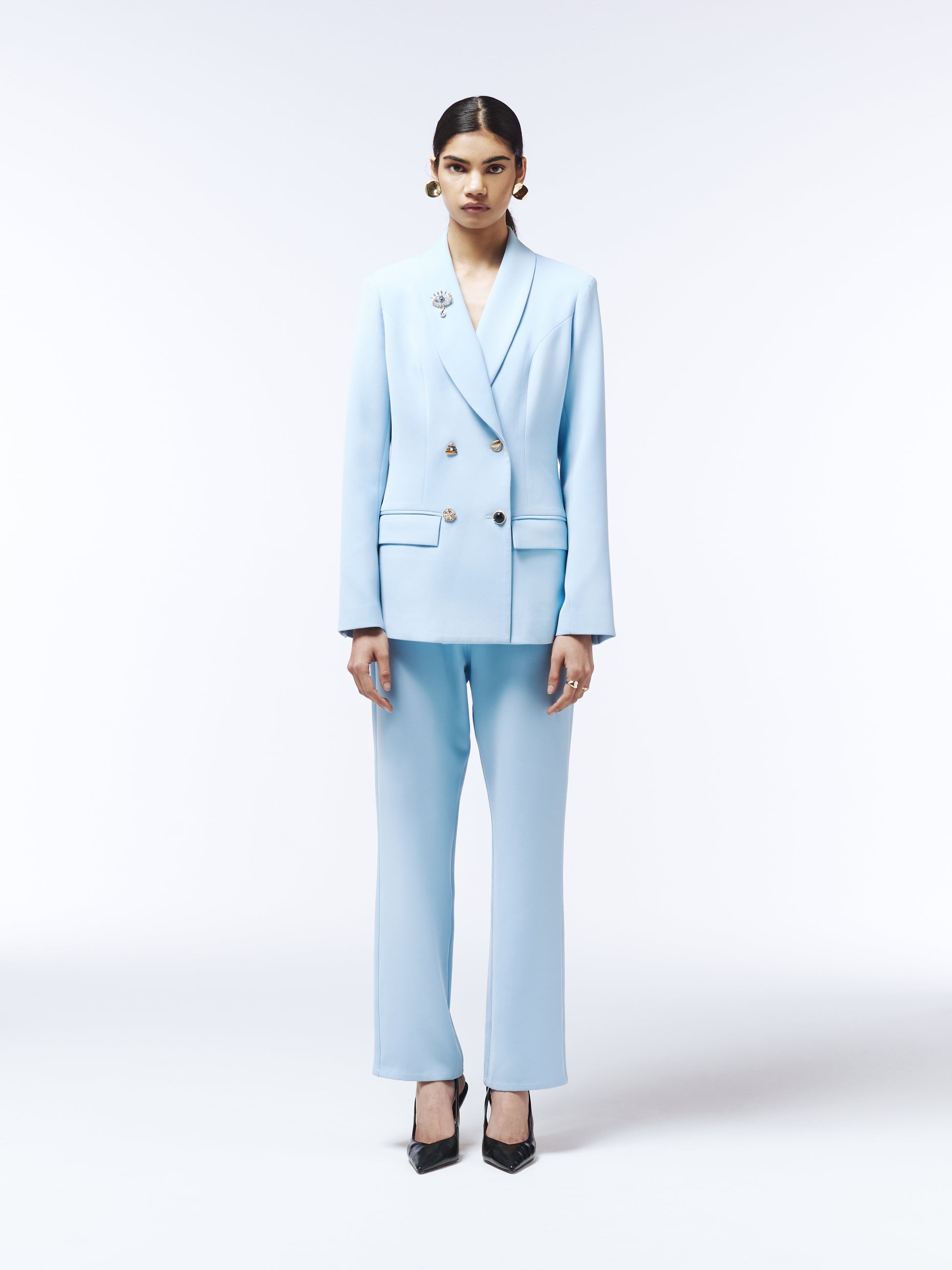SOUR FIGS sky blue tailored blazer with embellished buttons and crystal brooch