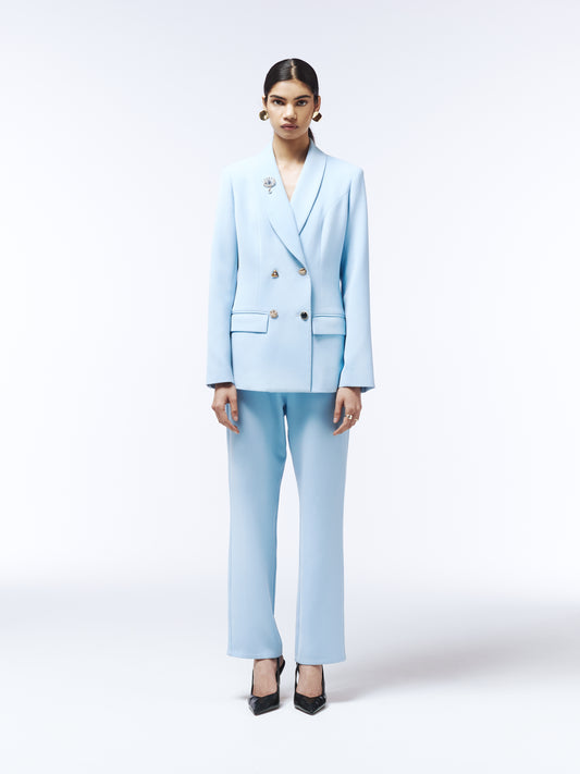 SOUR FIGS sky blue tailored blazer with embellished buttons and crystal brooch