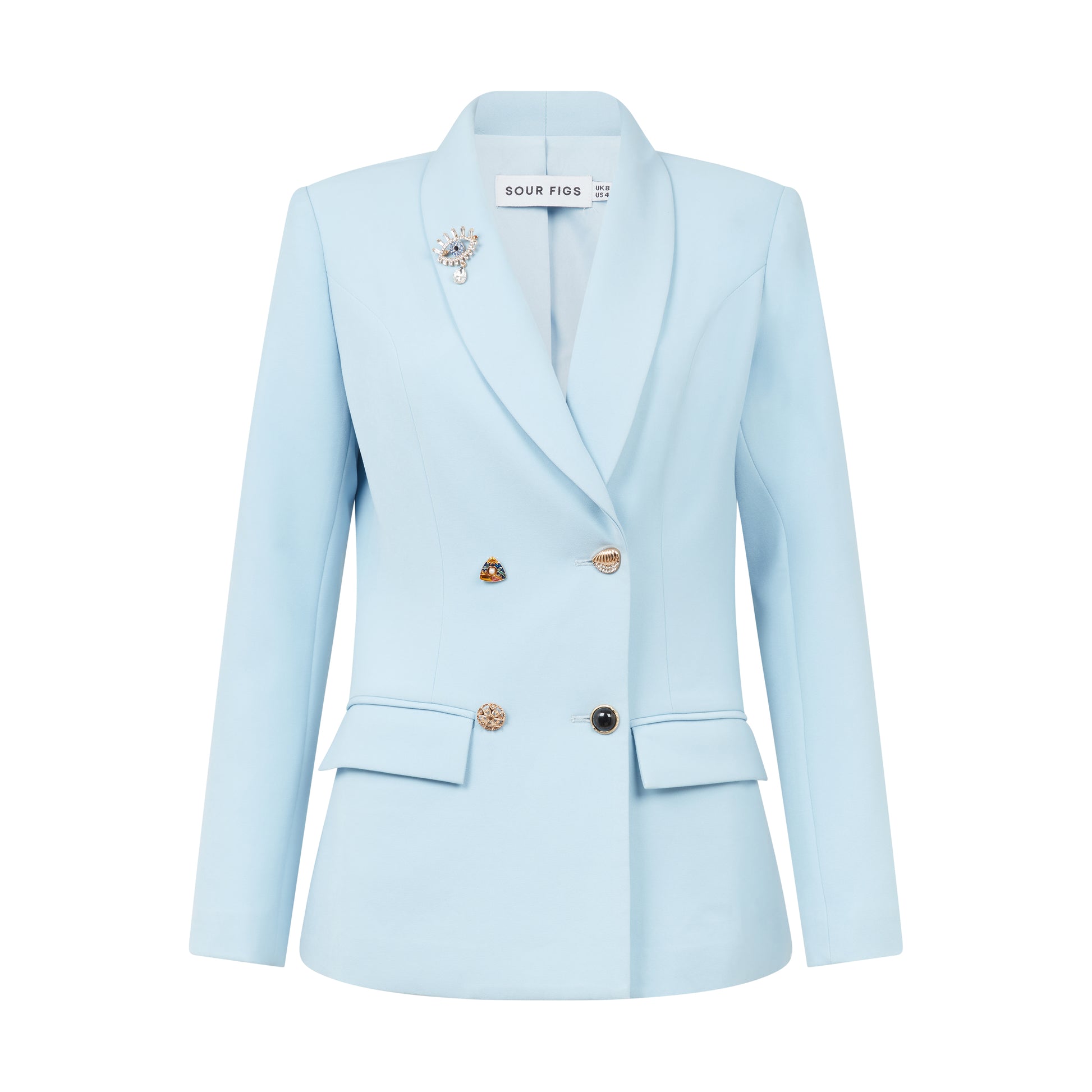 Light blue tailored blazer with statement buttons and flap pockets