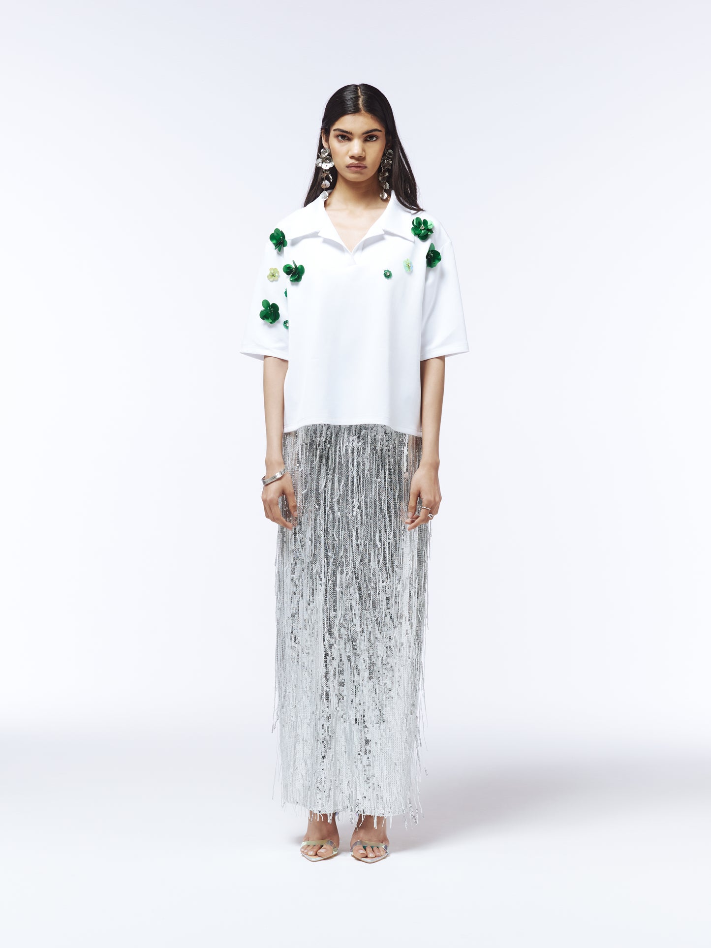 Sour Figs white poplin polo shirt with green floral sequin embellishments