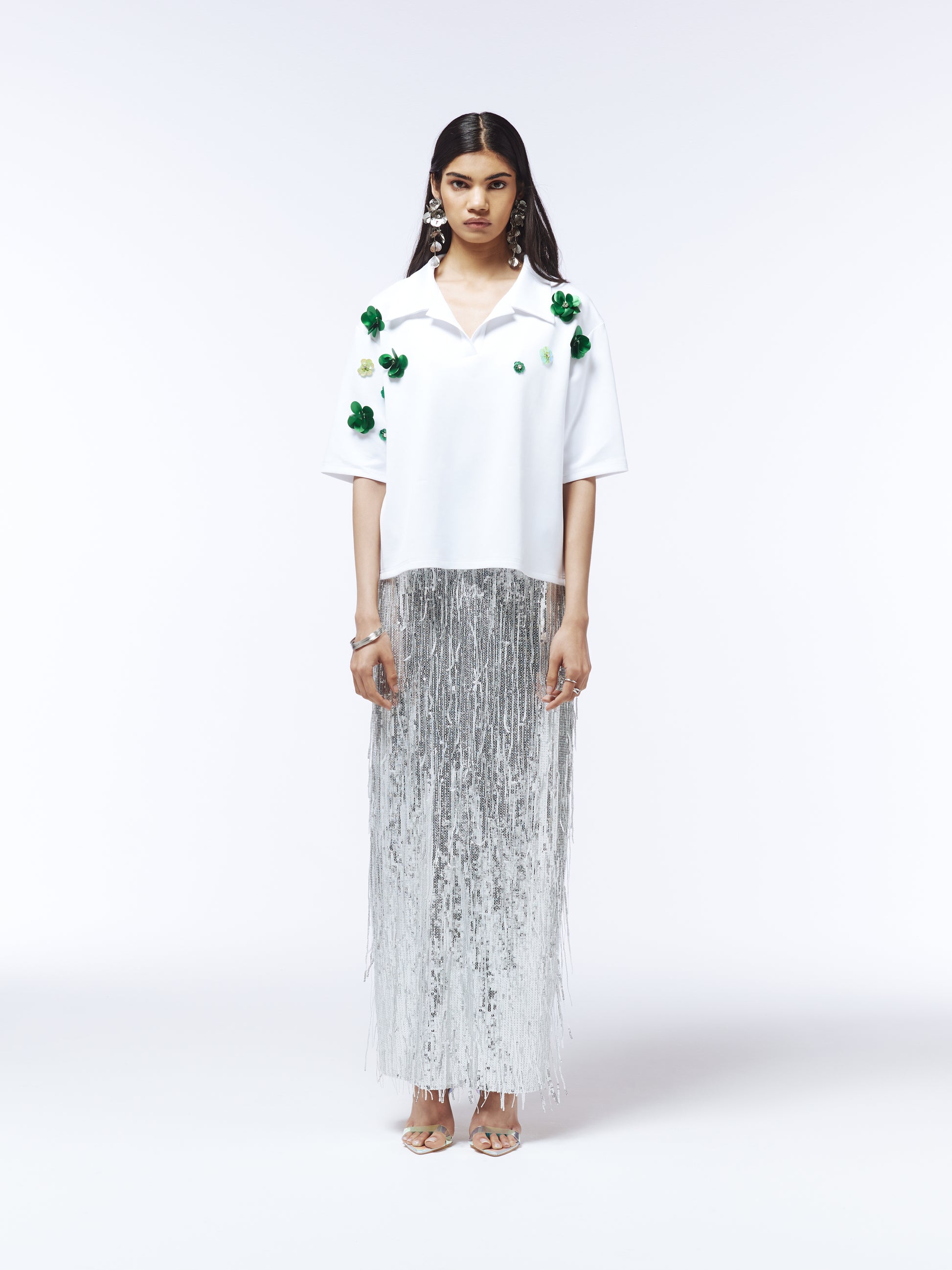 Sour Figs white poplin polo shirt with green floral sequin embellishments