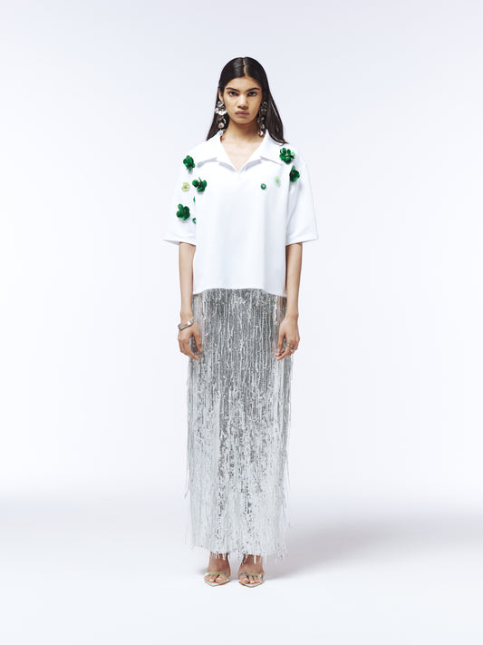 Sour Figs white poplin polo shirt with green floral sequin embellishments