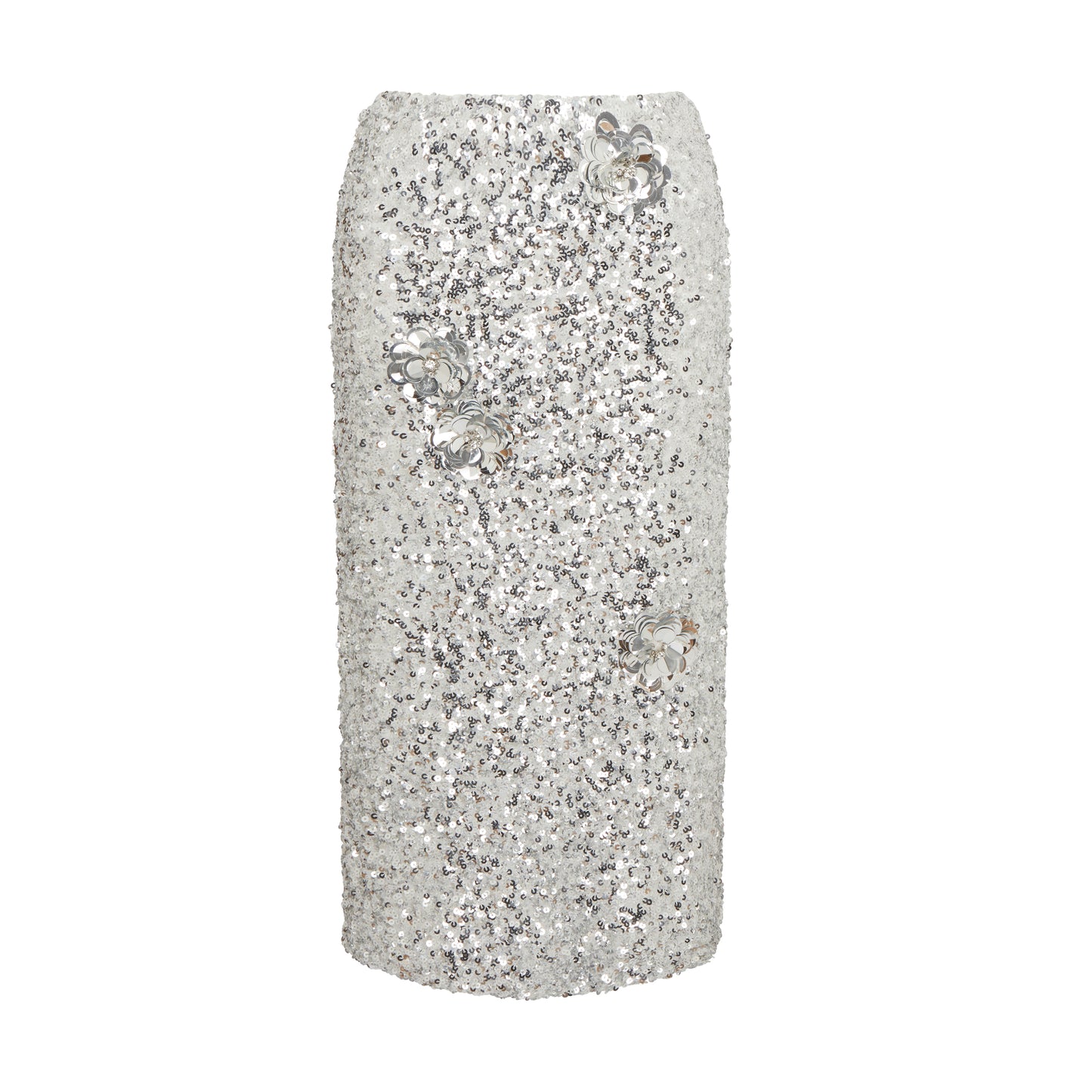 Floral Embellished Sequin Skirt in Silver