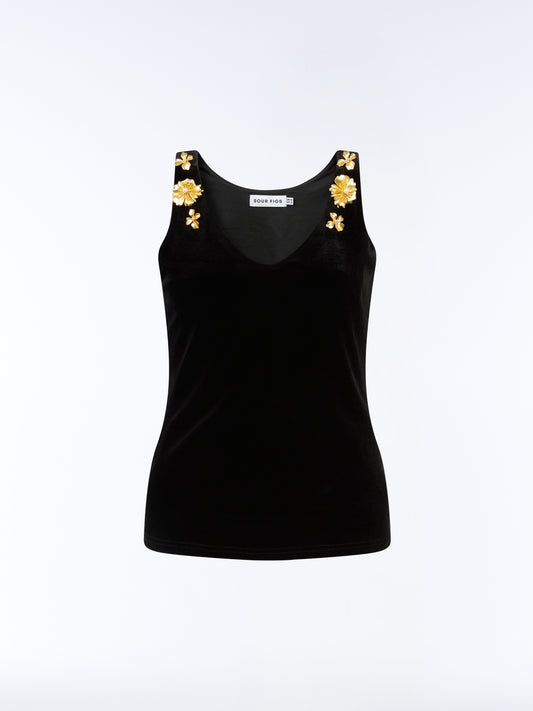 Black velvet occasion top with gold floral strap detail