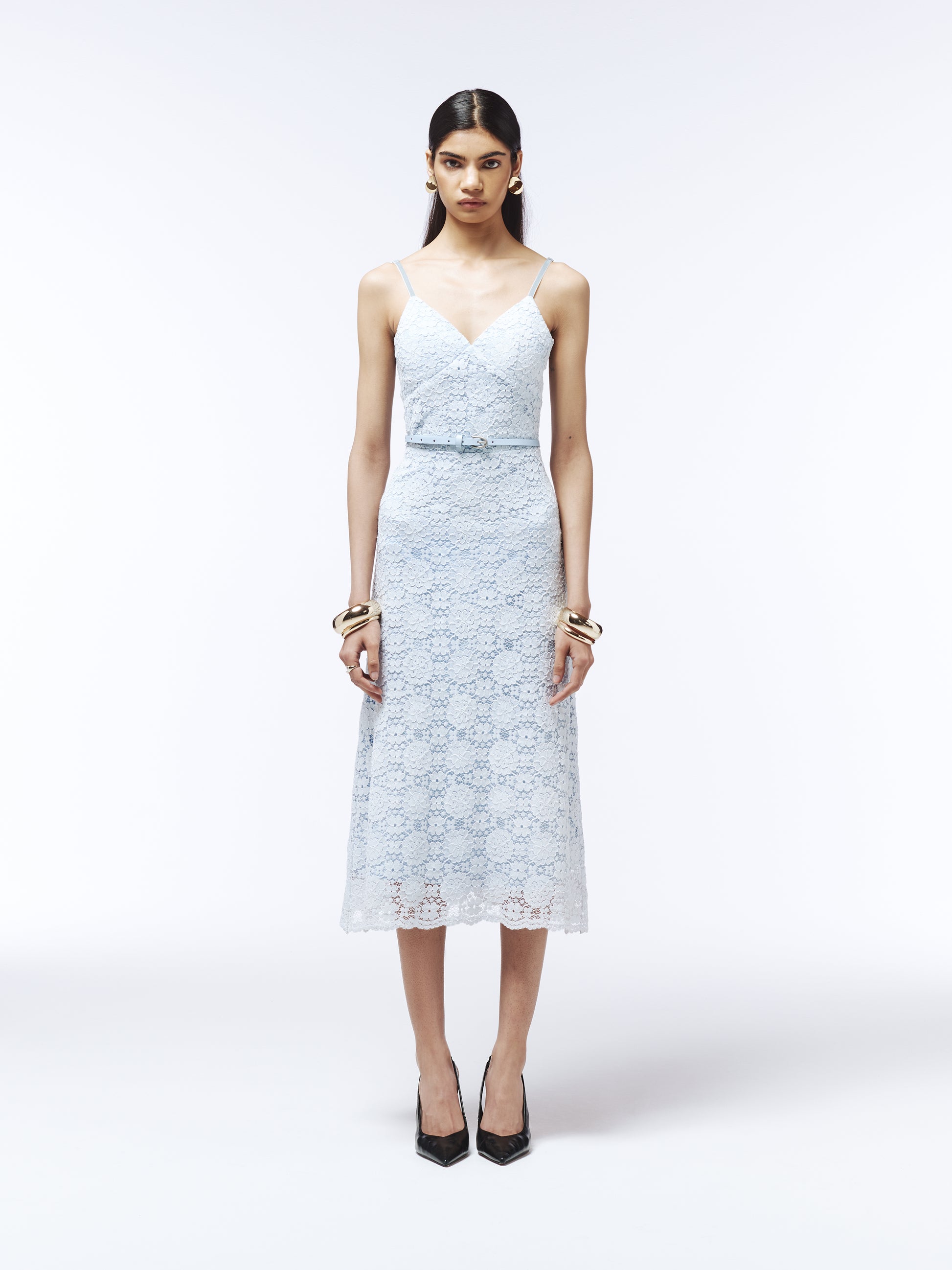 Sour Figs floral guipure lace midi dress in powder blue with belted waist