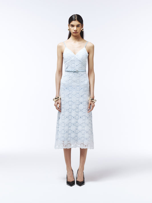 Sour Figs floral guipure lace midi dress in powder blue with belted waist