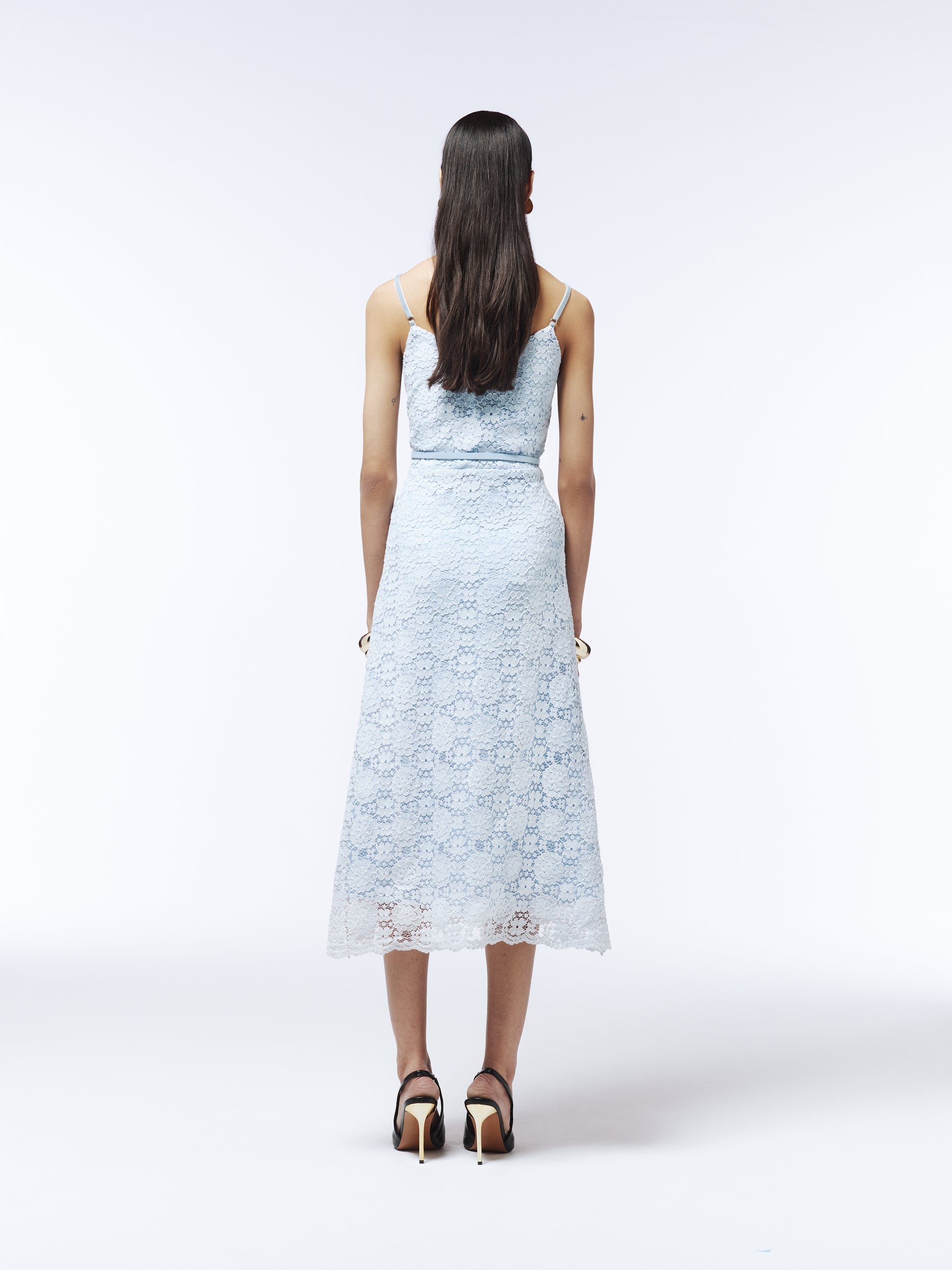 Close-up of powder blue lace texture and embroidery on Sour Figs midi dress