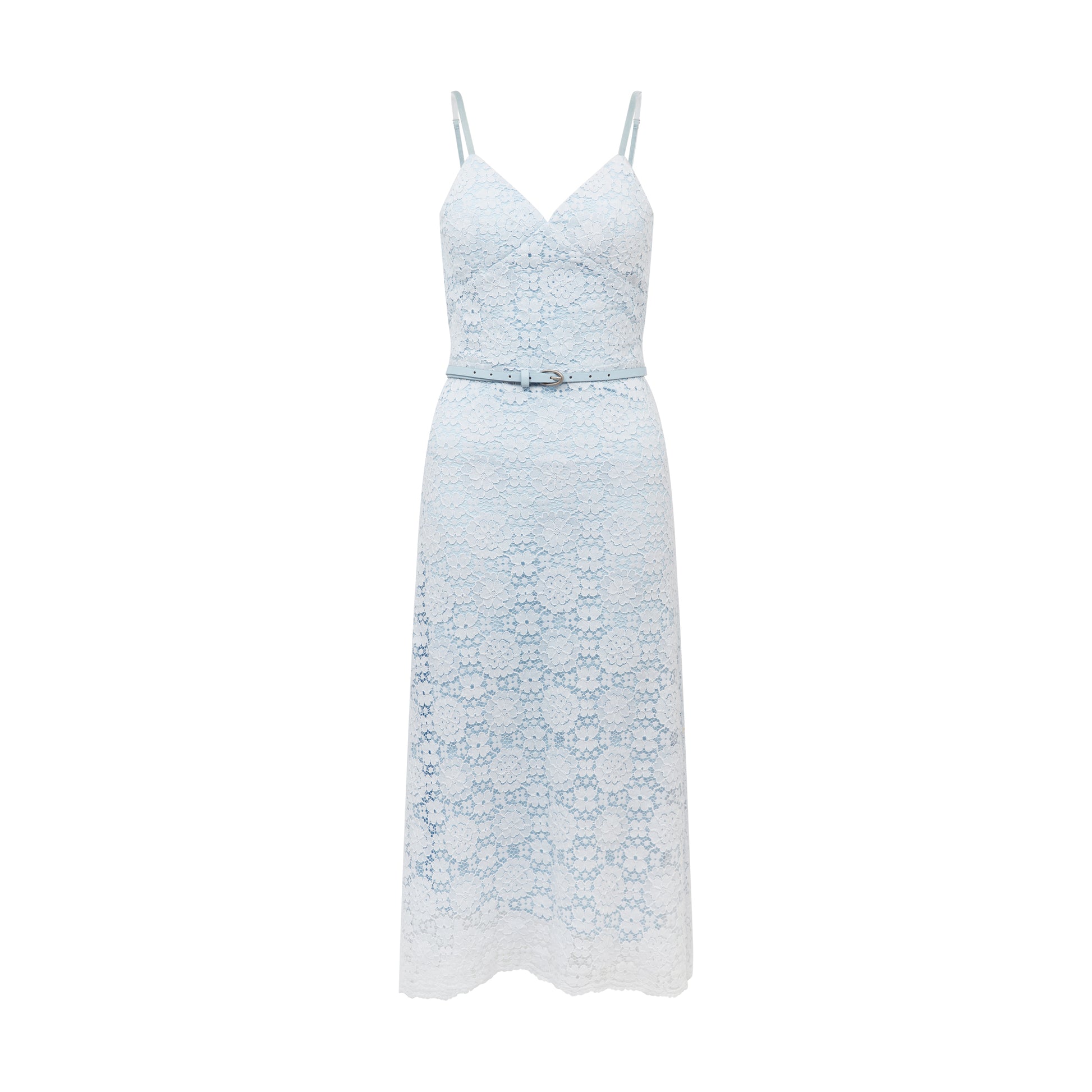 belted lace dress in pastel blue with delicate floral pattern