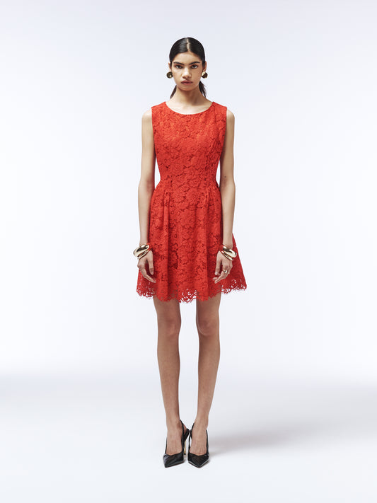 Sleeveless cherry red lace mini dress with floral detailing by SOUR FIGS
