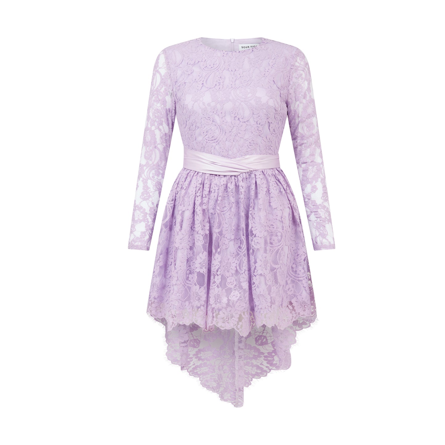 SOUR FIGS lilac floral lace dress with satin waistband and long sheer sleeves.