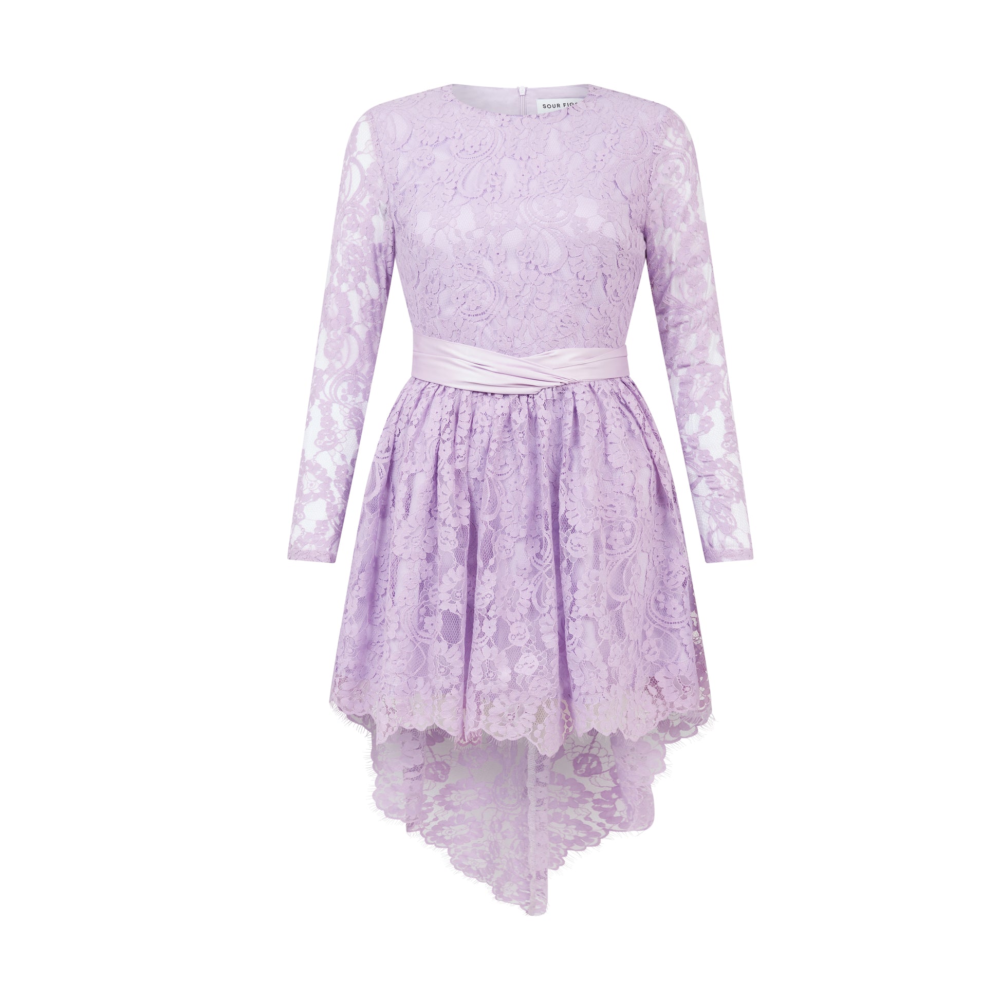 SOUR FIGS lilac floral lace dress with satin waistband and long sheer sleeves.