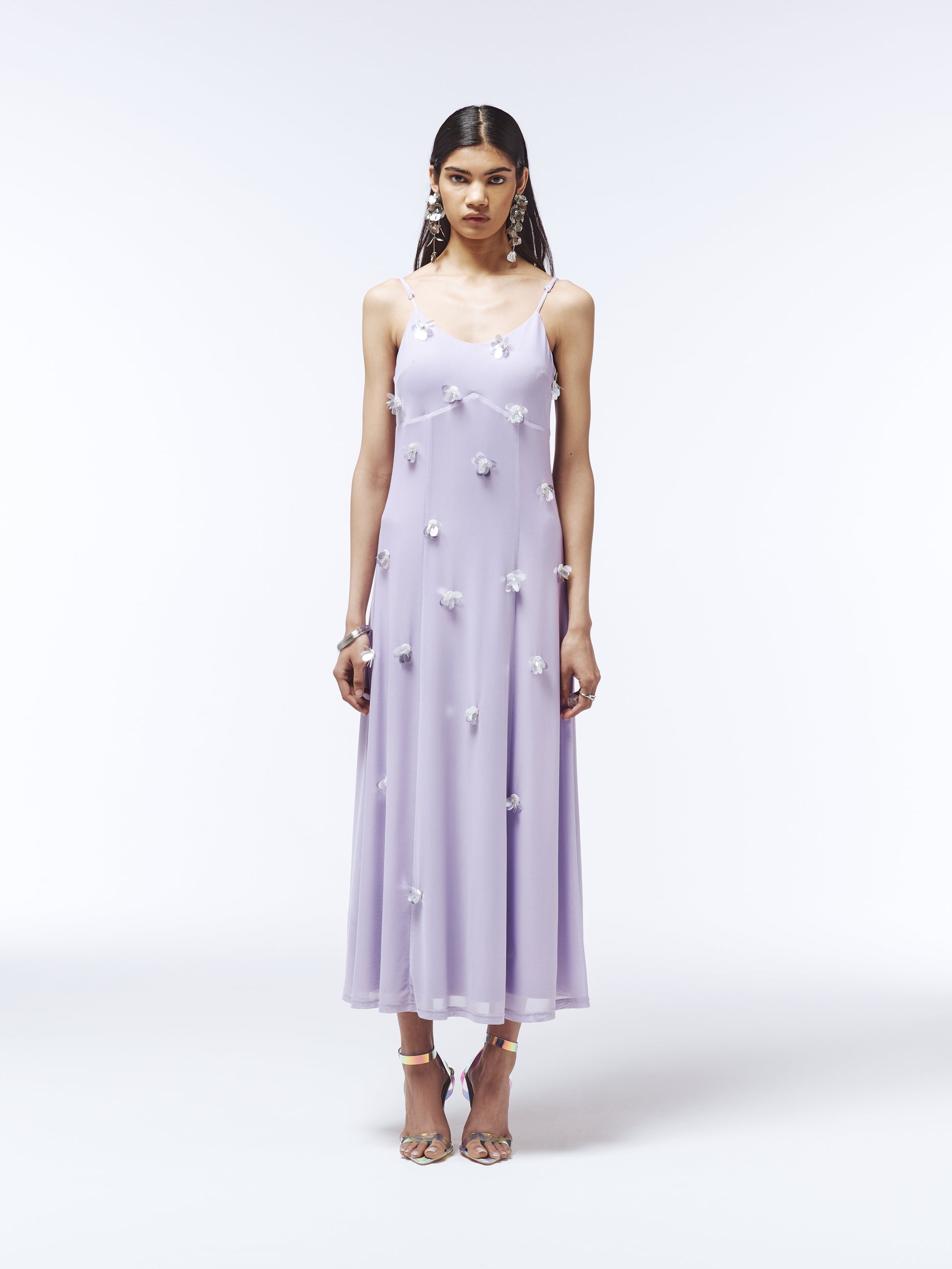Sour Figs floral sequin-appliqué tulle midi dress in lavender purple 