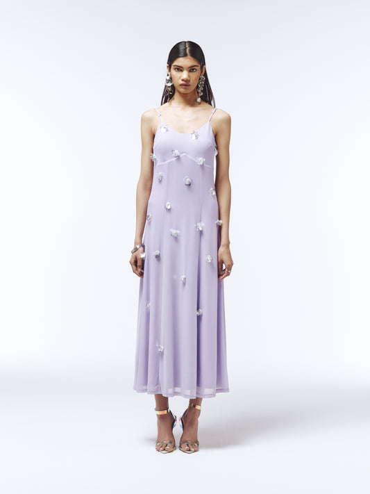 Sour Figs floral sequin-appliqué tulle midi dress in lavender purple 