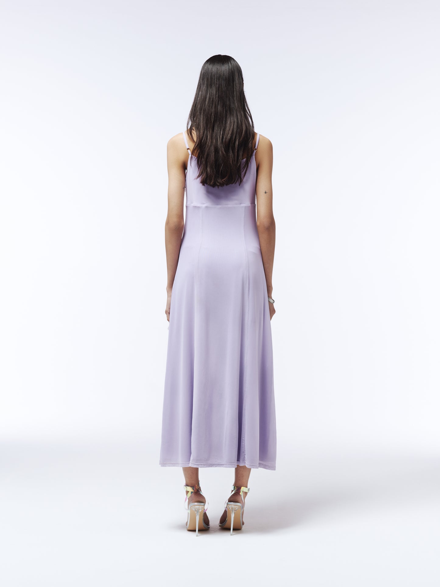Romantic purple midi dress with sequin florals and soft layered tulle