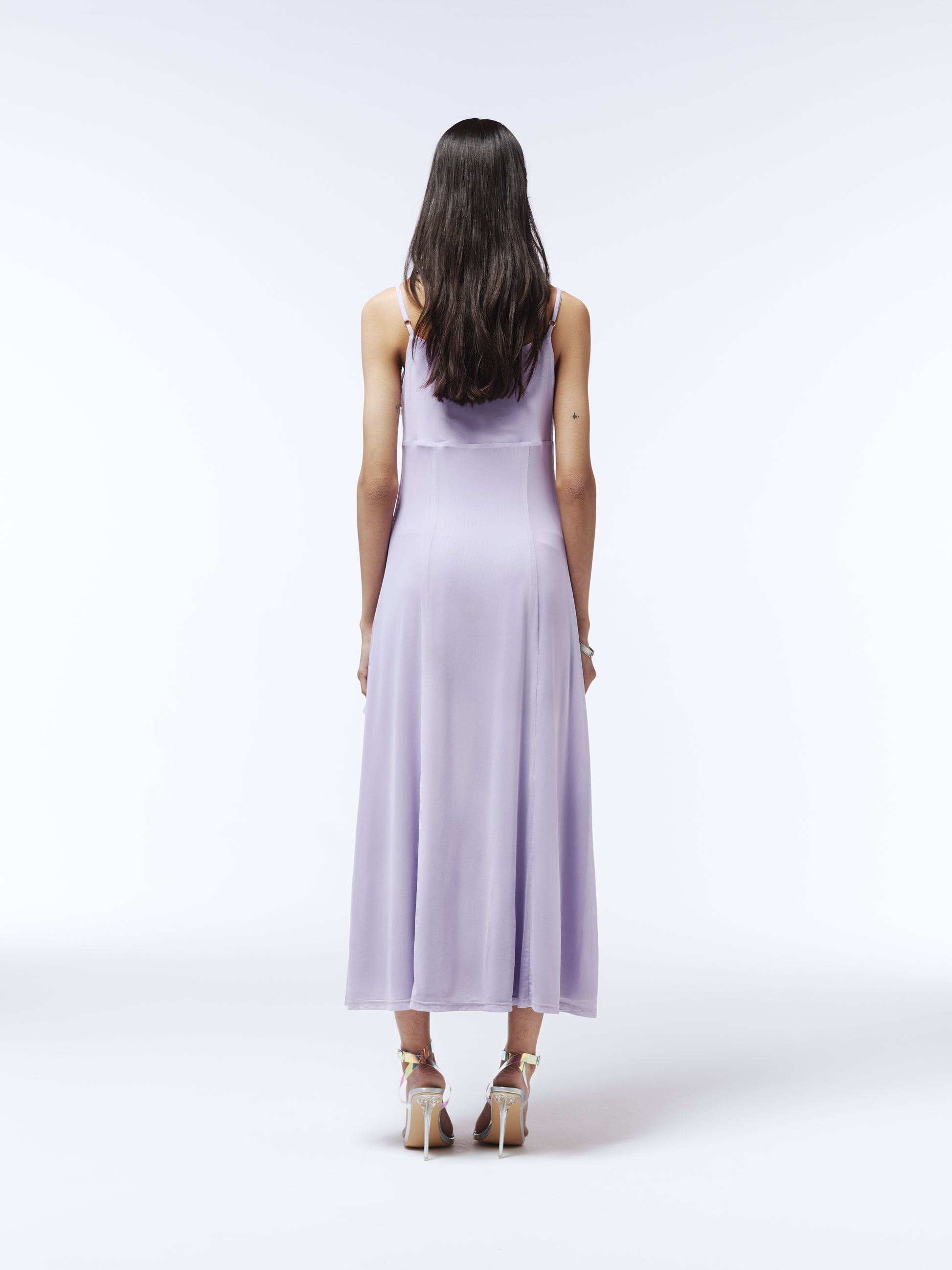 Romantic purple midi dress with sequin florals and soft layered tulle