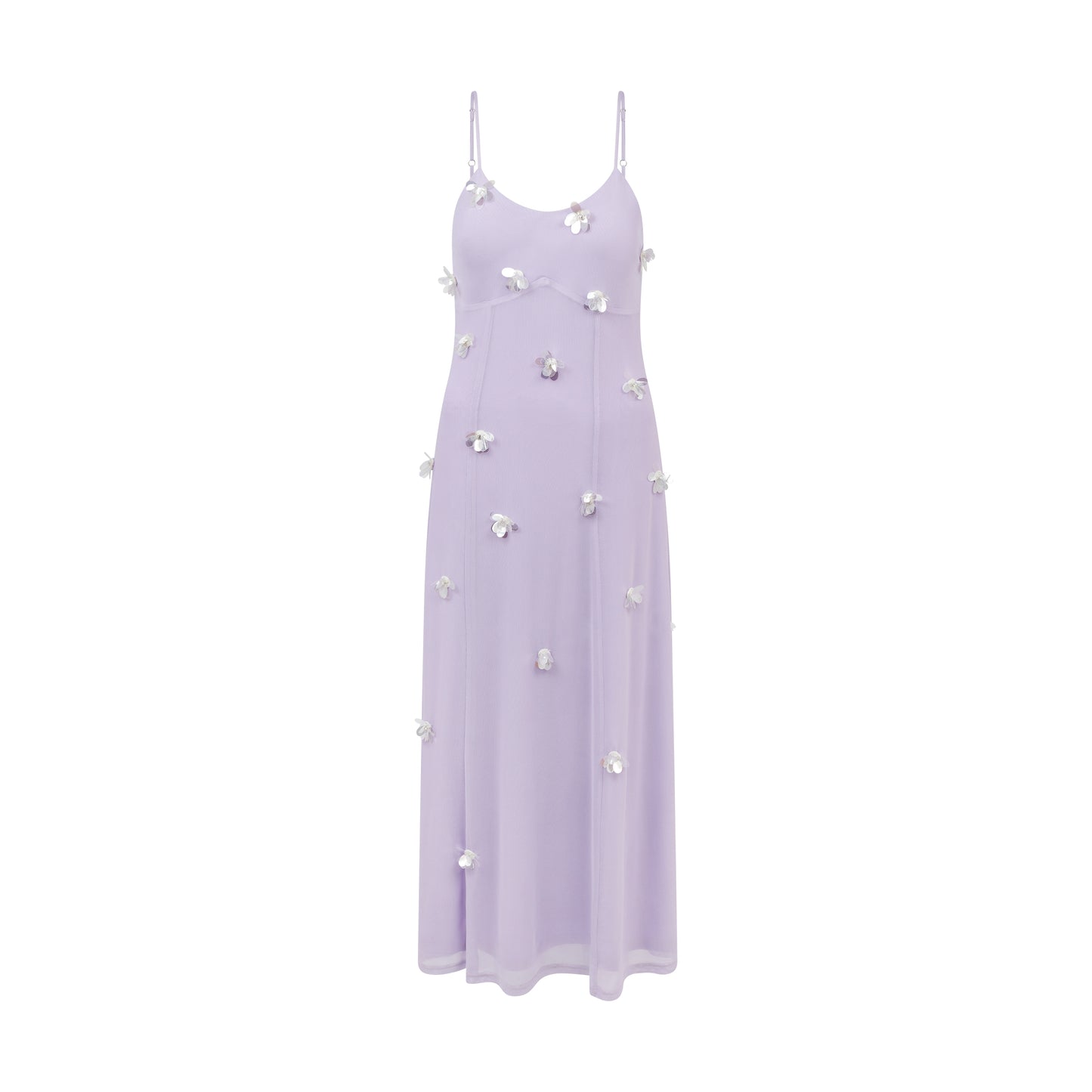 Ethereal evening dress in lilac tulle with shimmering floral accents