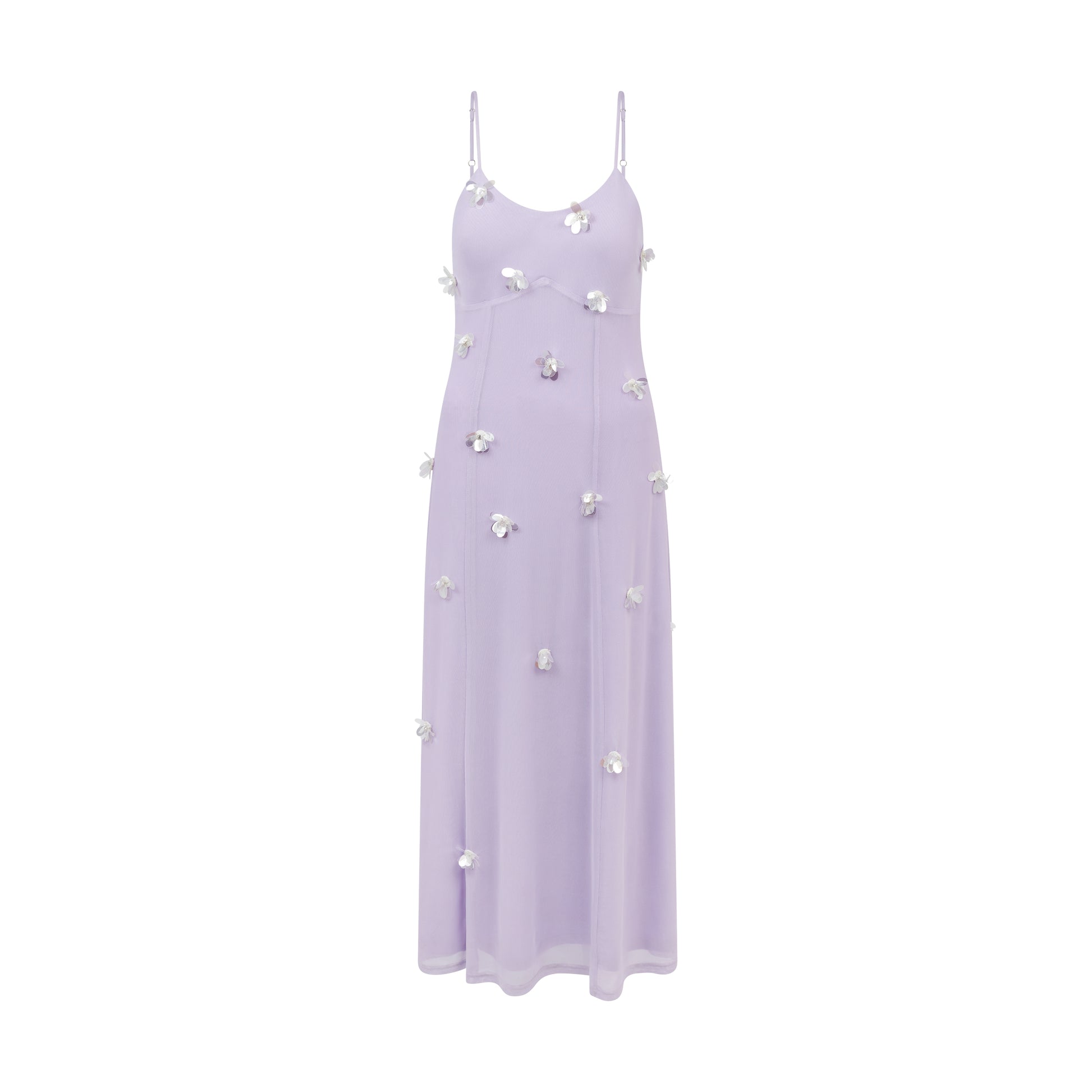 Ethereal evening dress in lilac tulle with shimmering floral accents